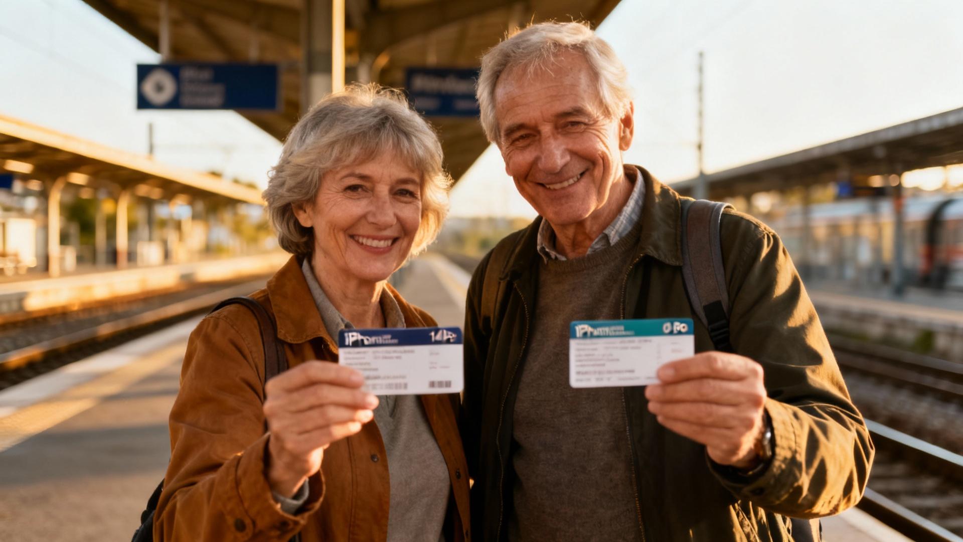 Couple âgé souriant tenant des billets de train sur le quai d'une gare, lumière naturelle douce