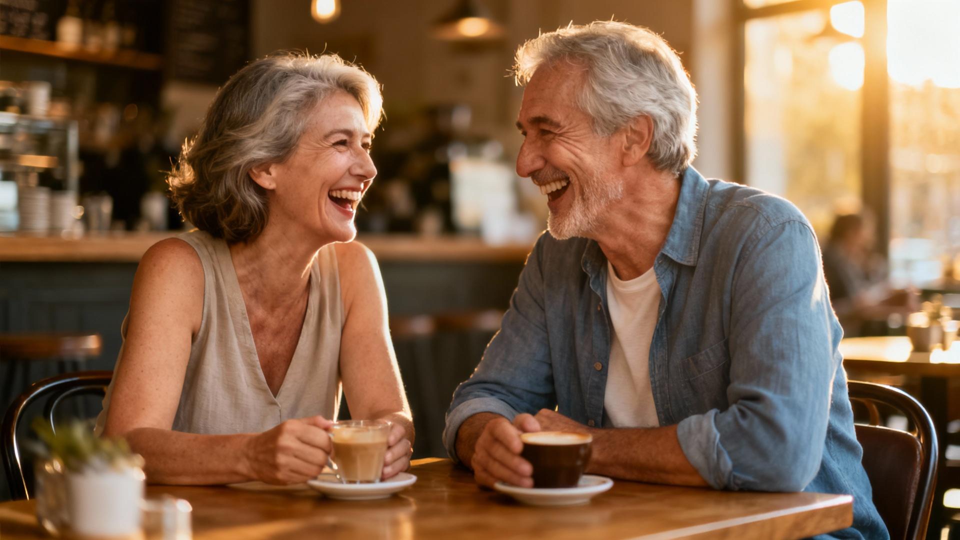 Couple européen dans la soixantaine riant ensemble à une table de café, ambiance chaleureuse et éclairage naturel