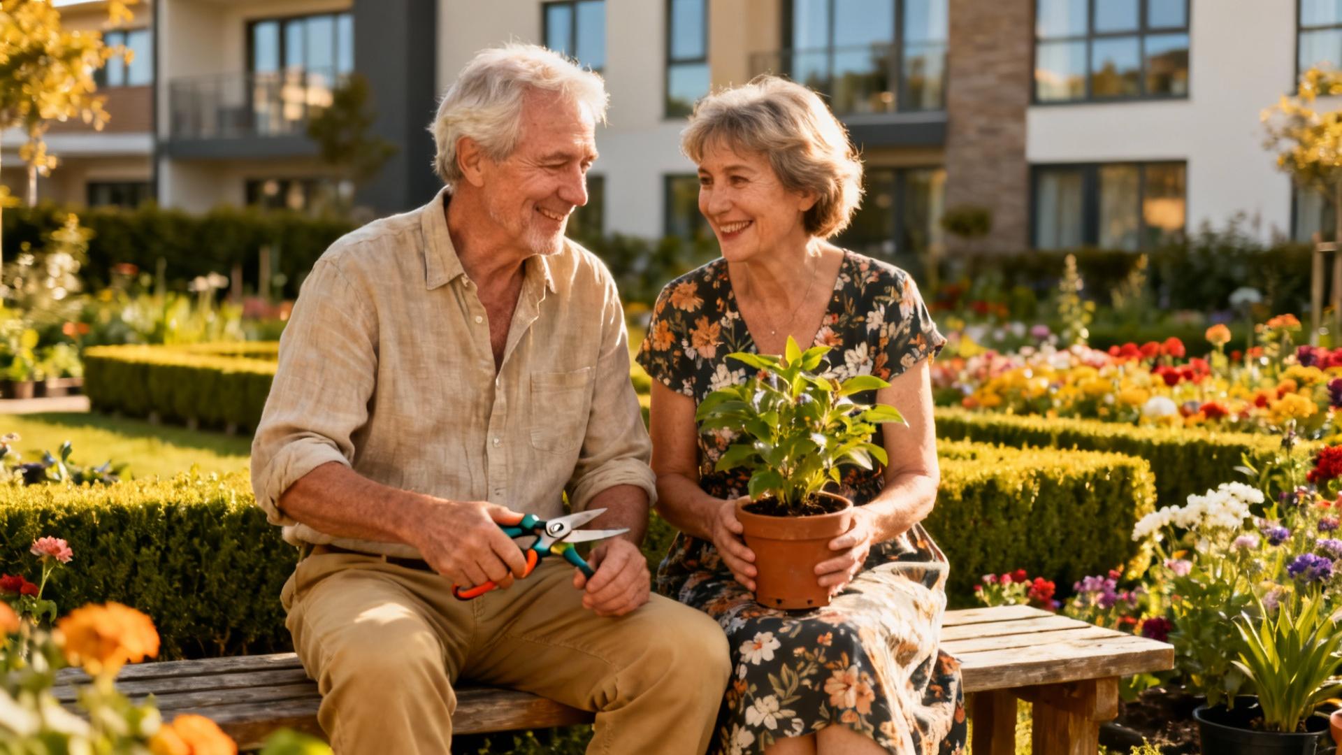 Couple âgé souriant dans un jardin communautaire bien entretenu au sein d'un village senior moderne