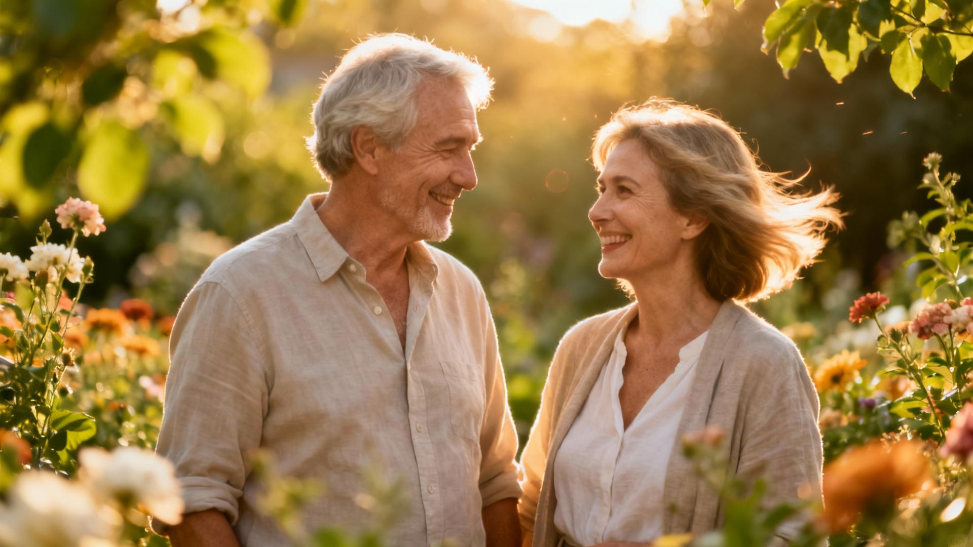 Couple âgé souriant et se tenant la main dans un jardin ensoleillé avec des fleurs et des arbustes