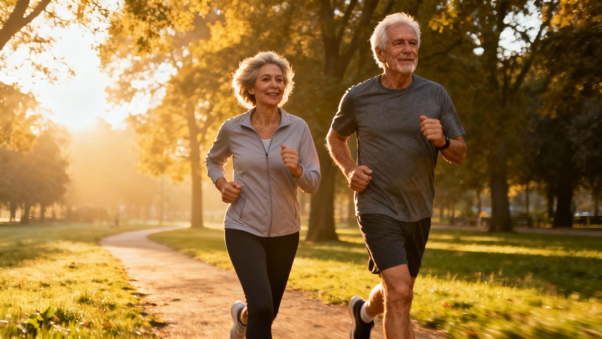 Couple senior souriant et confiant en train de courir ensemble dans un parc ensoleillé
