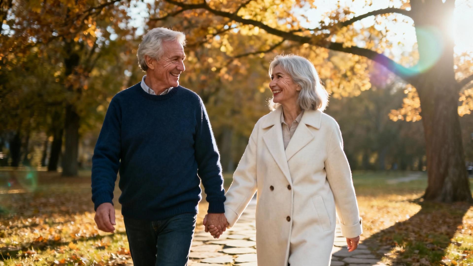 Couple senior souriant marchant main dans la main dans un parc ensoleillé avec des arbres en arrière-plan