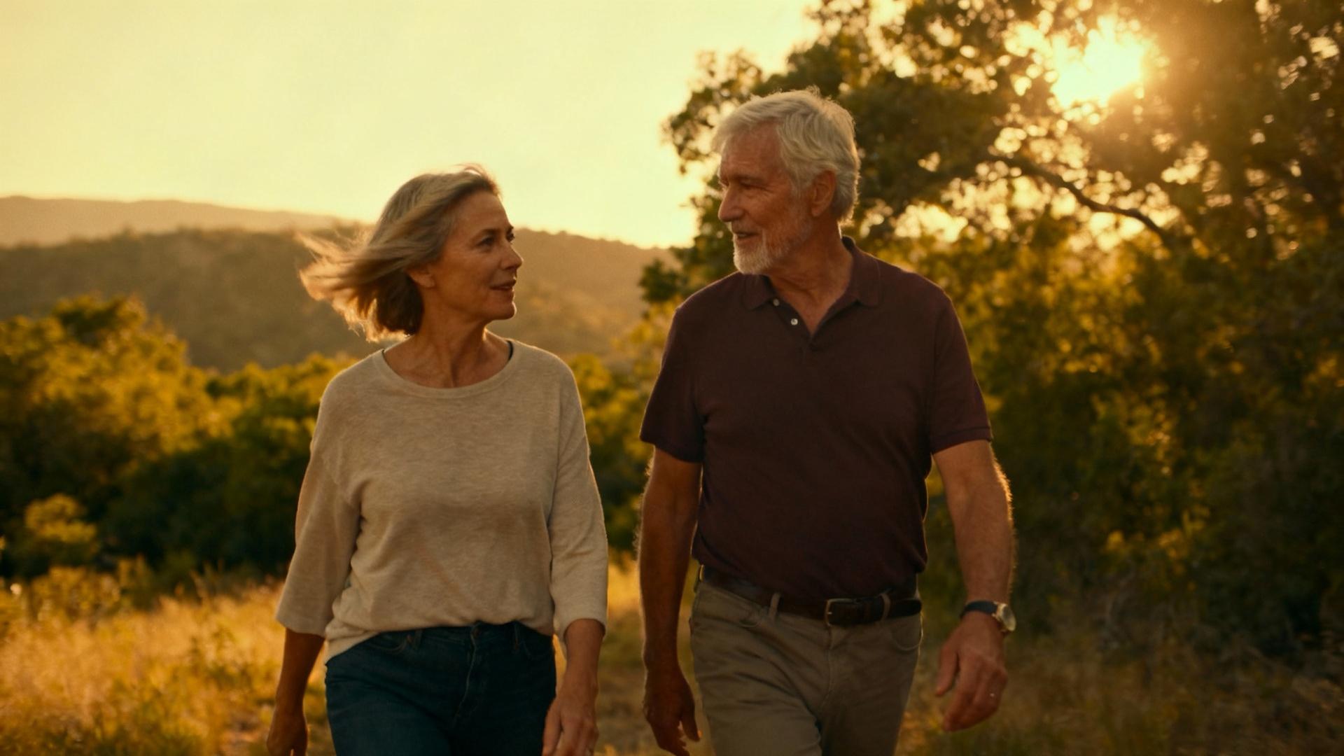 Couple européen dans la soixantaine marchant dans un paysage naturel ensoleillé avec des arbres et un ciel doré