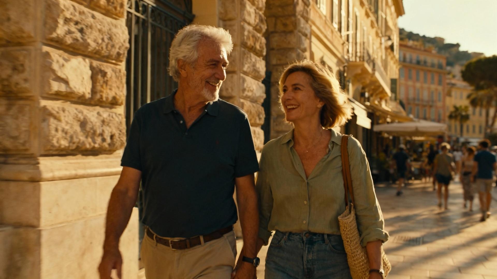Couple de seniors heureux marchant dans les rues de Nice avec une architecture méditerranéenne en arrière-plan