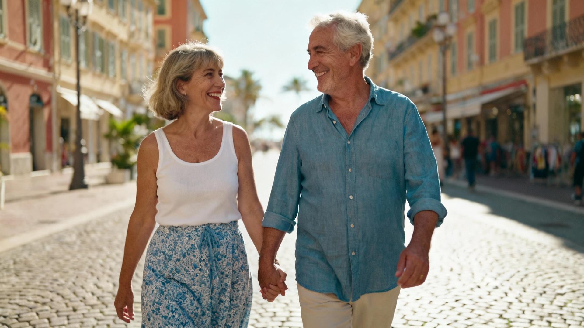 Couple de seniors heureux marchant dans les rues ensoleillées de Nice