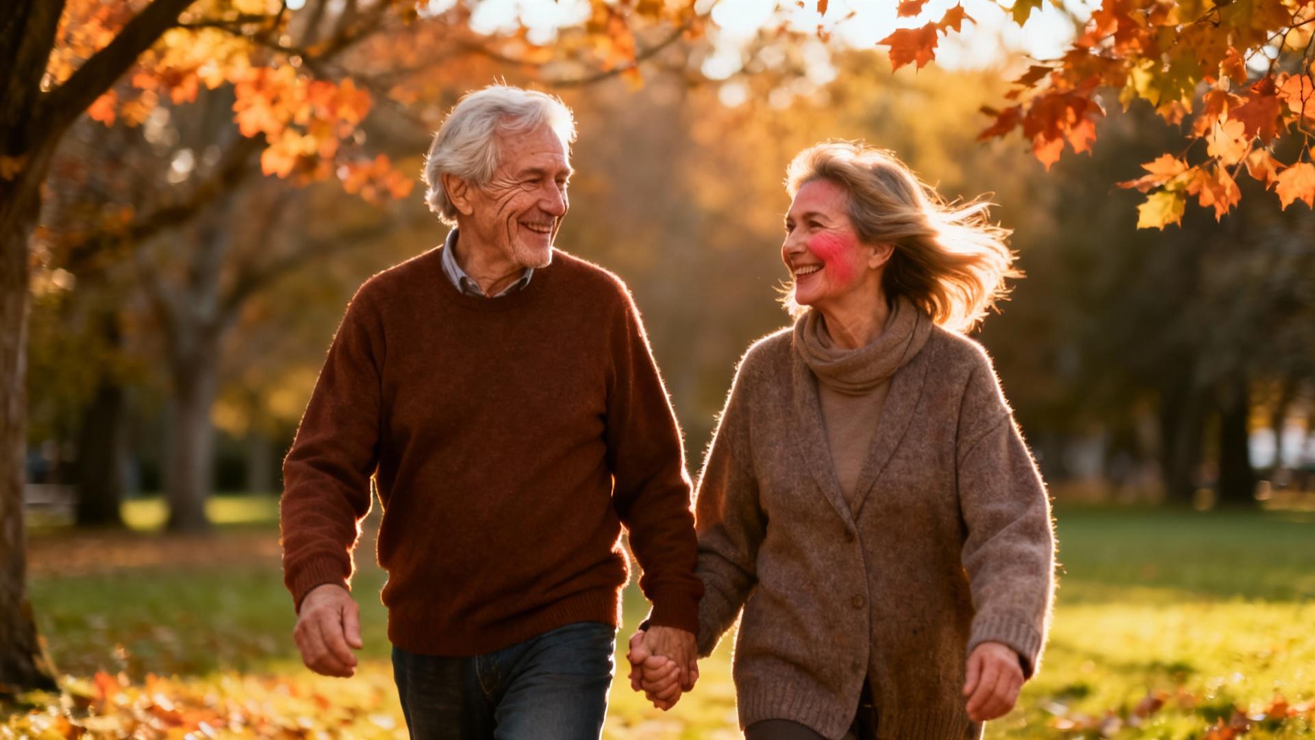 Couple senior souriant marchant main dans la main dans un parc ensoleillé avec des arbres en arrière-plan