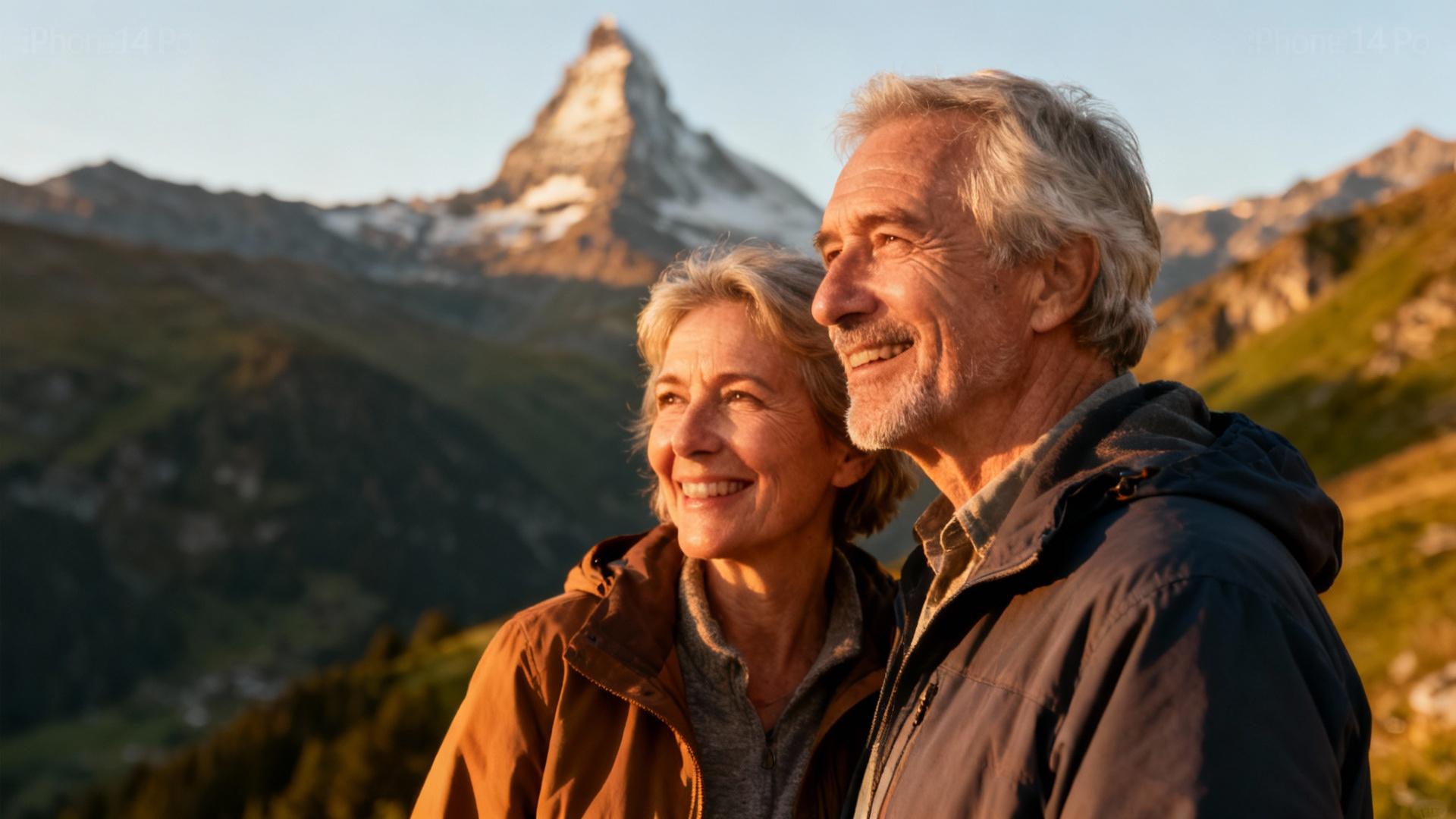 Couple âgé souriant devant un paysage montagneux en Valais lors du coucher de soleil