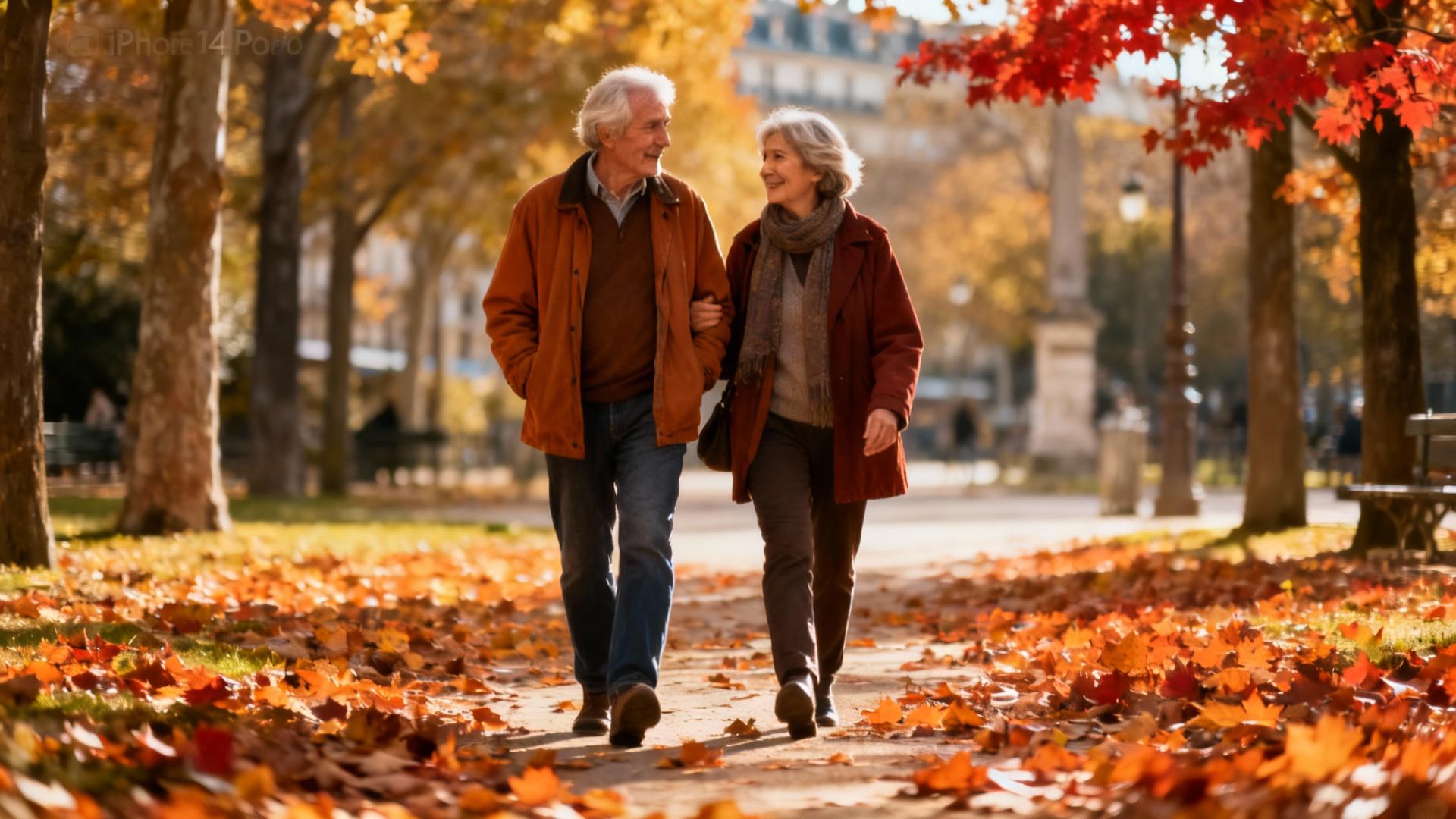 Couple âgé marchant main dans la main dans un parc parisien avec feuilles d'automne au sol et lumière dorée