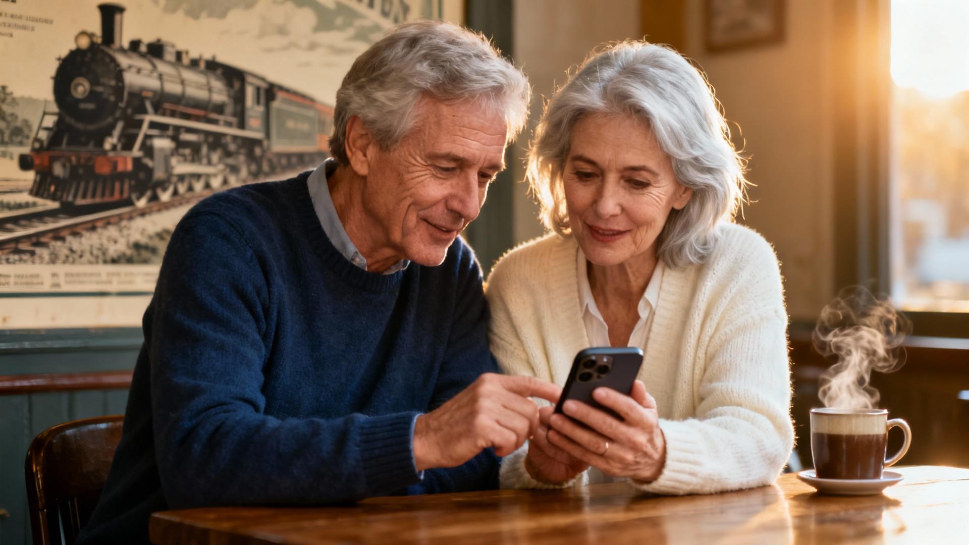 Couple senior utilisant un smartphone pour planifier leur voyage en train avec des billets sur la table