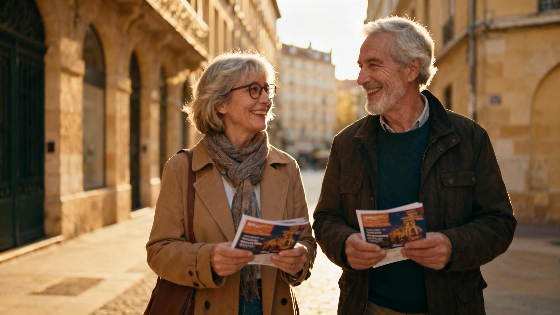 Couple âgé souriant se promenant dans les rues de Lyon avec des brochures culturelles à la main