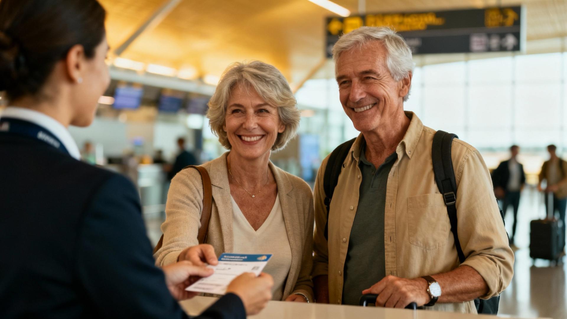 Couple âgé souriant recevant des documents de voyage d'un agent de compagnie aérienne à l'aéroport