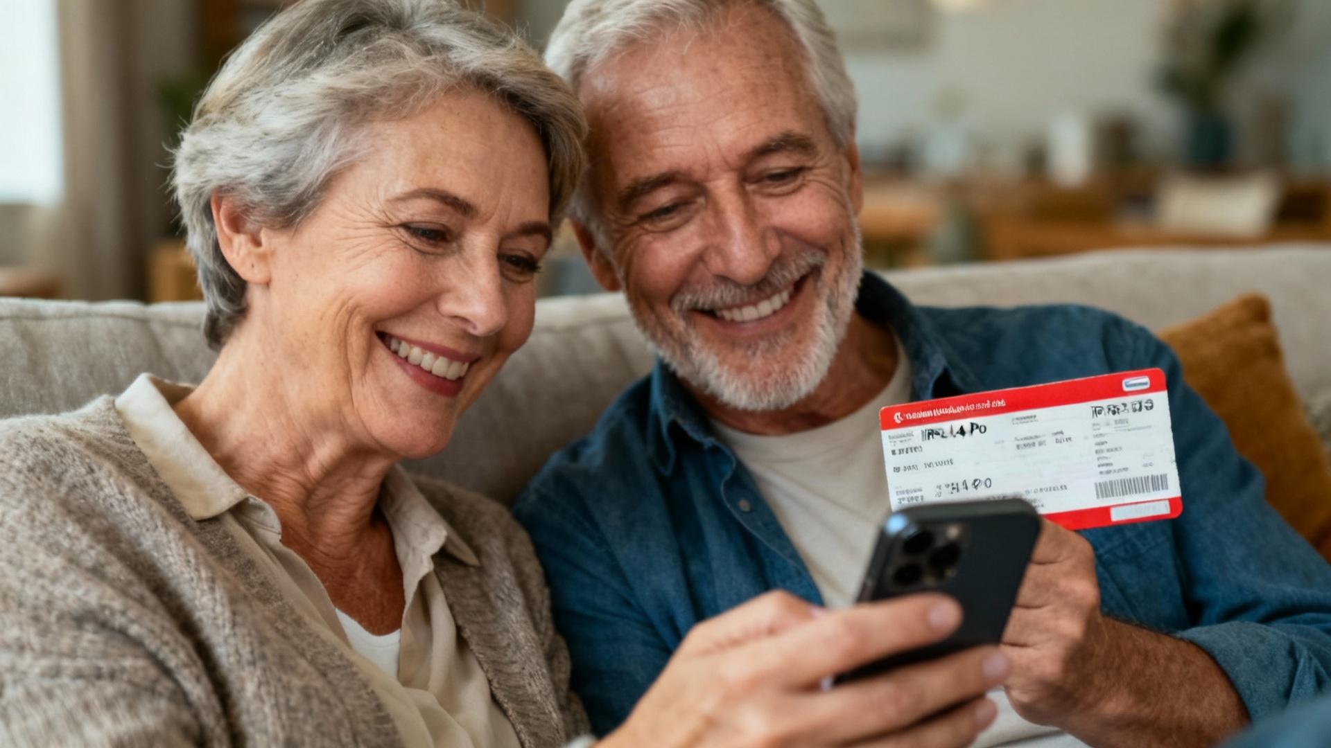 Couple âgé heureux regardant des billets de train sur un smartphone à la maison, lumière naturelle douce