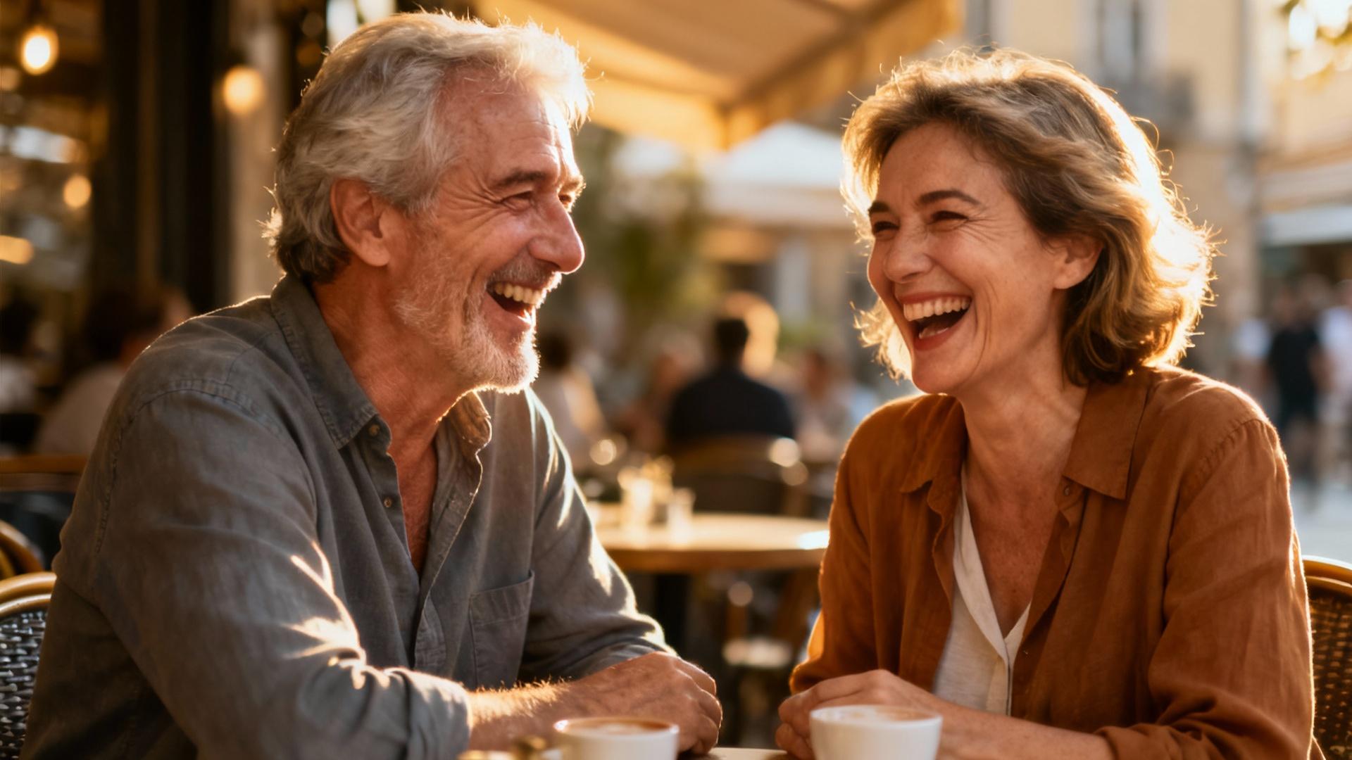 Couple de personnes âgées heureux riant ensemble à une terrasse de café, lumière naturelle douce