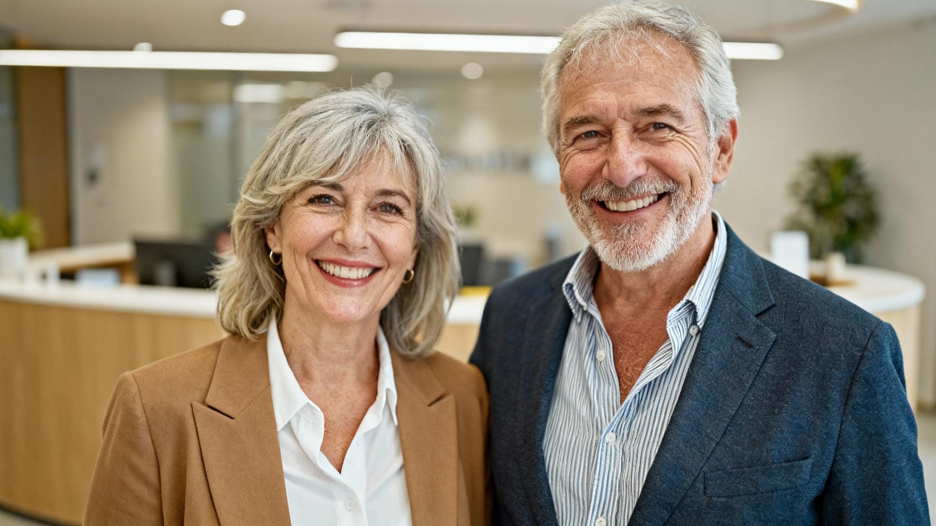 Couple senior heureux souriant à la caméra dans un bureau moderne avec éclairage naturel chaleureux