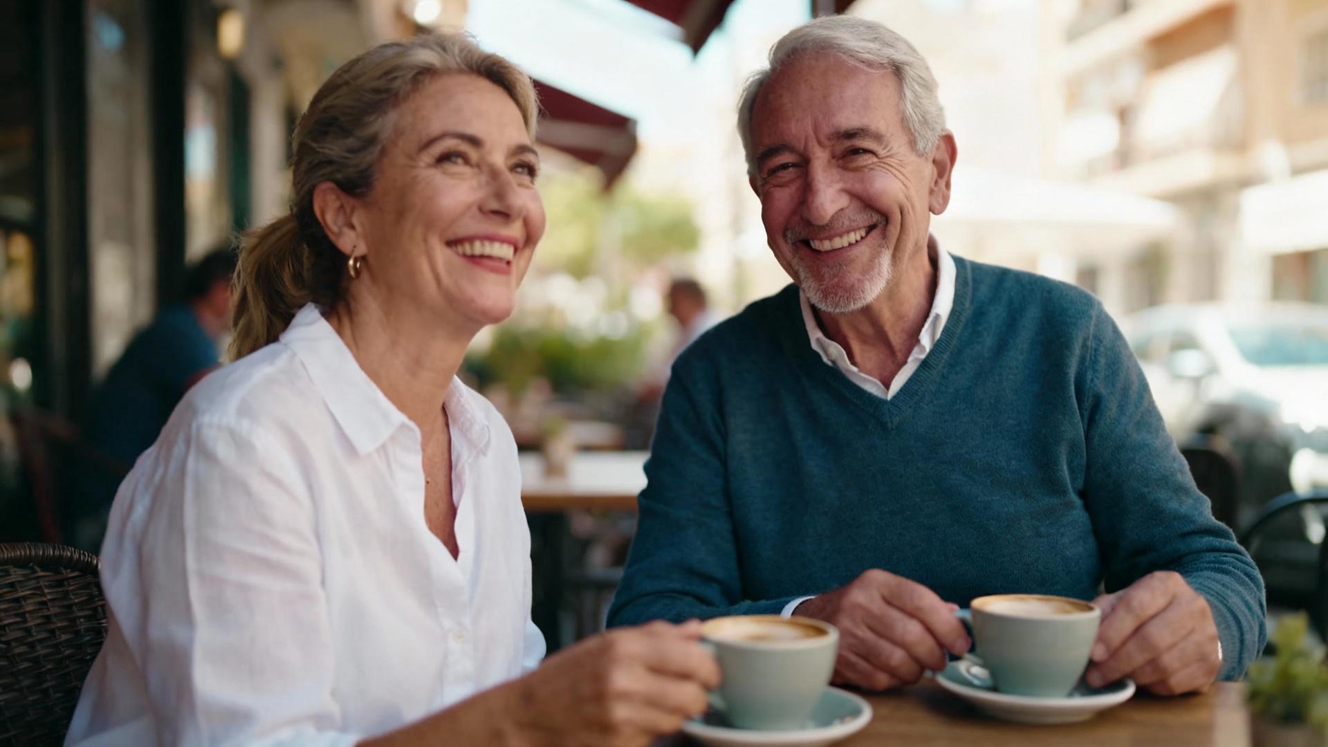 Couple senior européen souriant et discutant lors d'un café en terrasse avec lumière naturelle douce