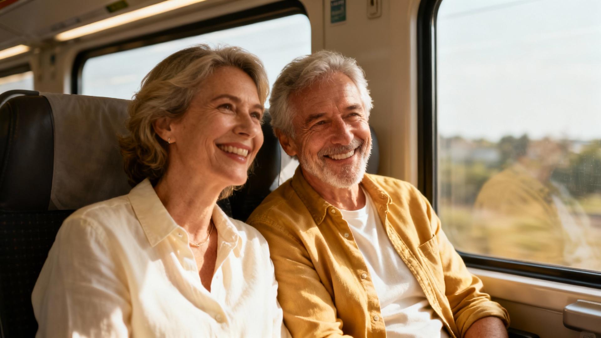 Couple de personnes âgées souriant et voyageant ensemble dans un train, lumière naturelle et ambiance chaleureuse