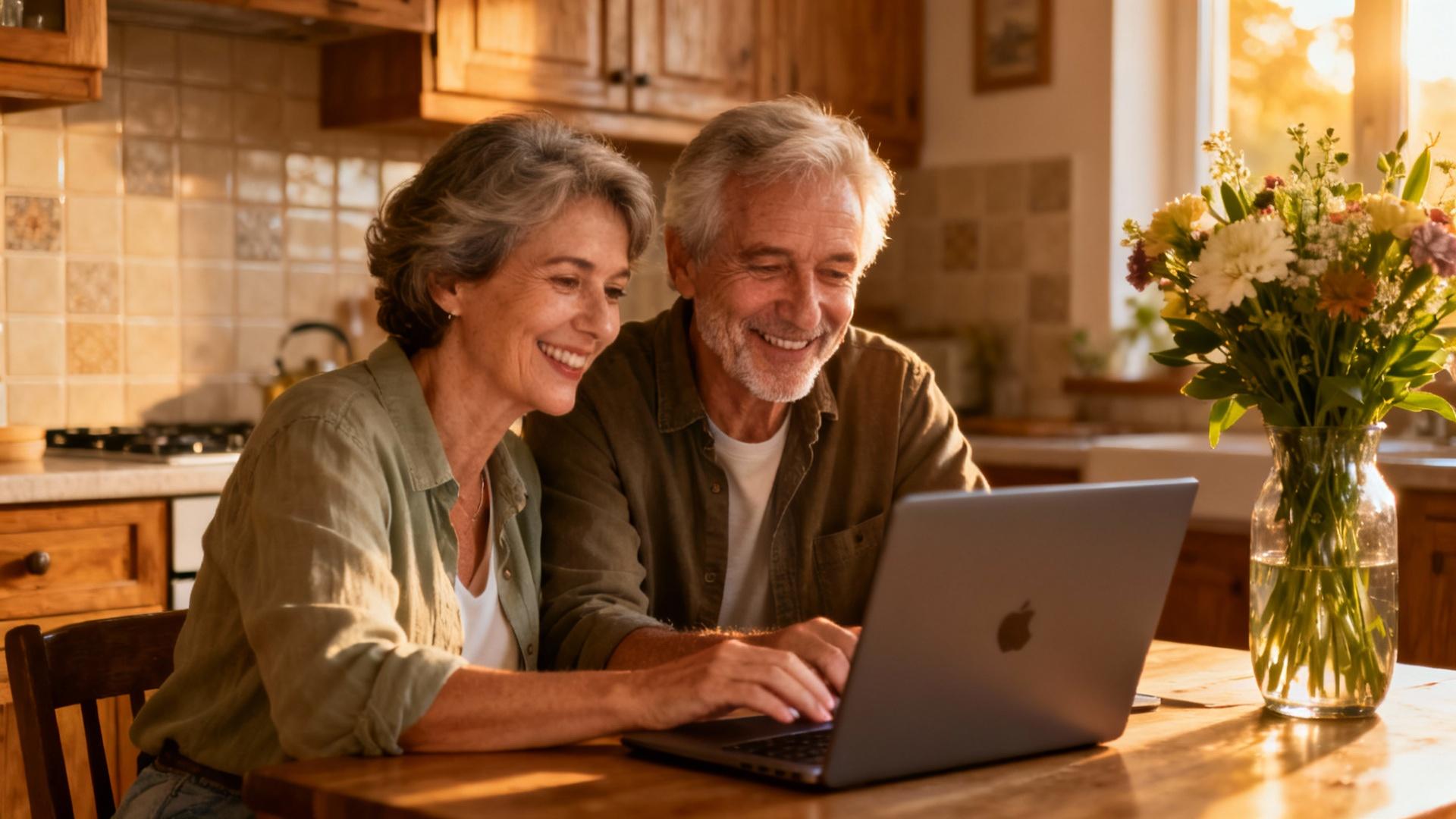 Couple âgé souriant consultant des offres de voyage sur ordinateur portable dans une cuisine bien éclairée