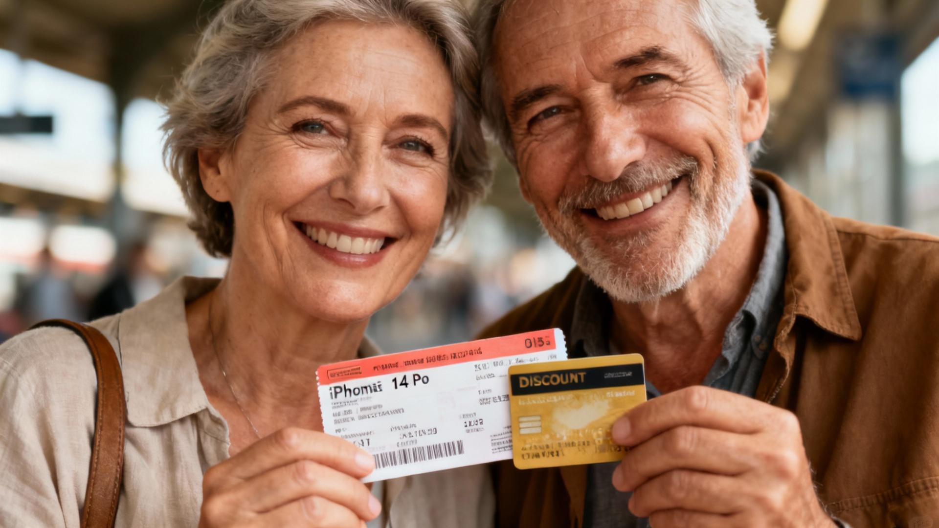 Couple âgé souriant tenant des billets de train et une carte de réduction pour seniors devant une gare