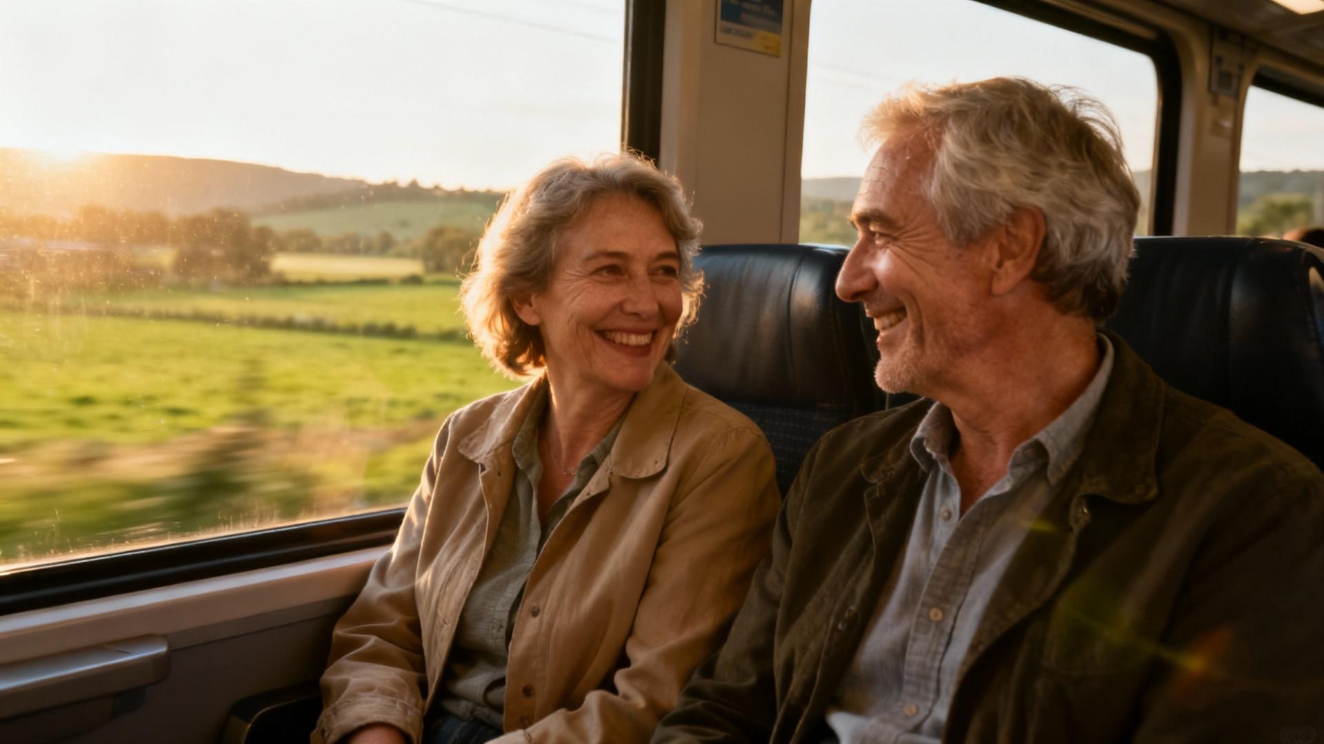 Couple âgé souriant assis dans un train, profitant d'une vue sur la campagne verdoyante par la fenêtre