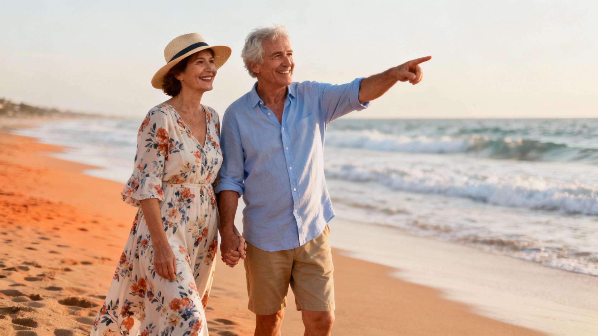 Couple âgé souriant marchant main dans la main sur une plage ensoleillée, vêtements décontractés