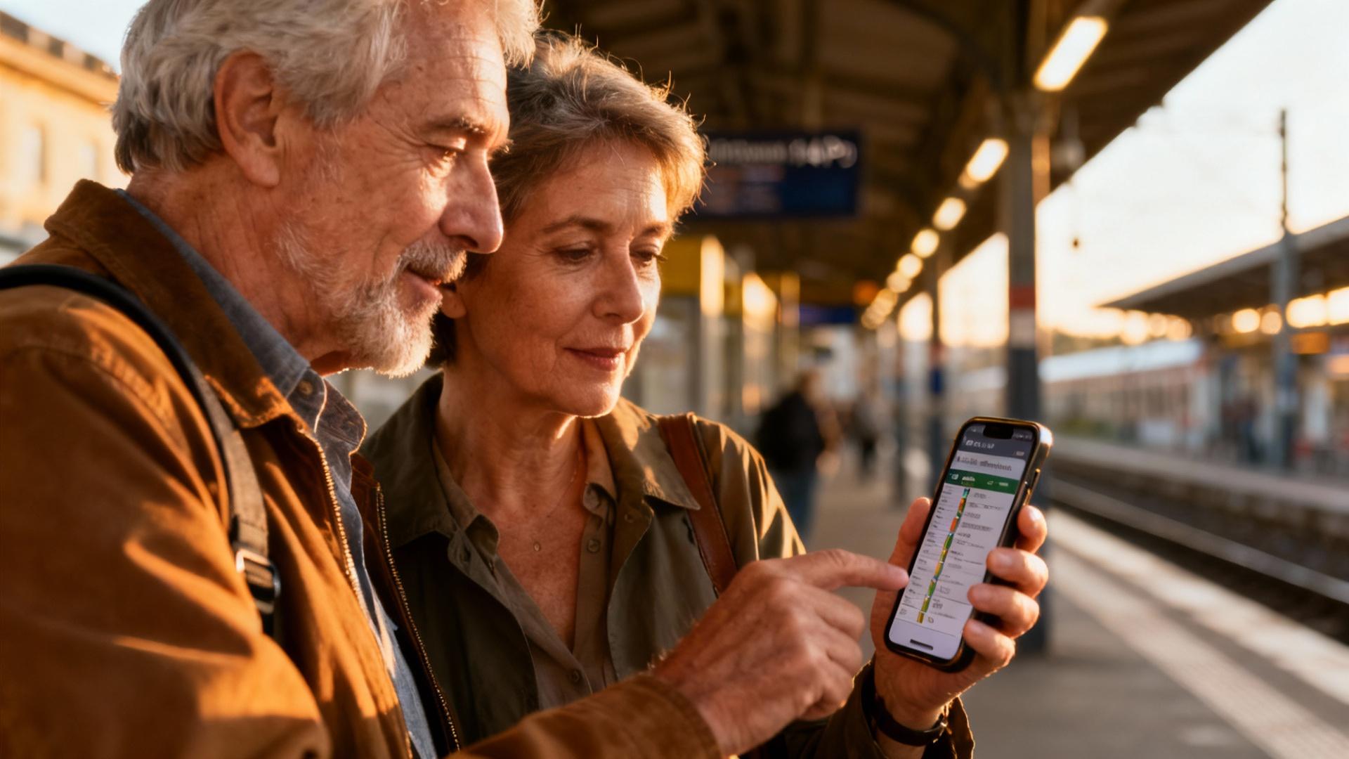 Couple âgé consultant les horaires de train sur un smartphone dans une gare, lumière naturelle et ambiance chaleureuse