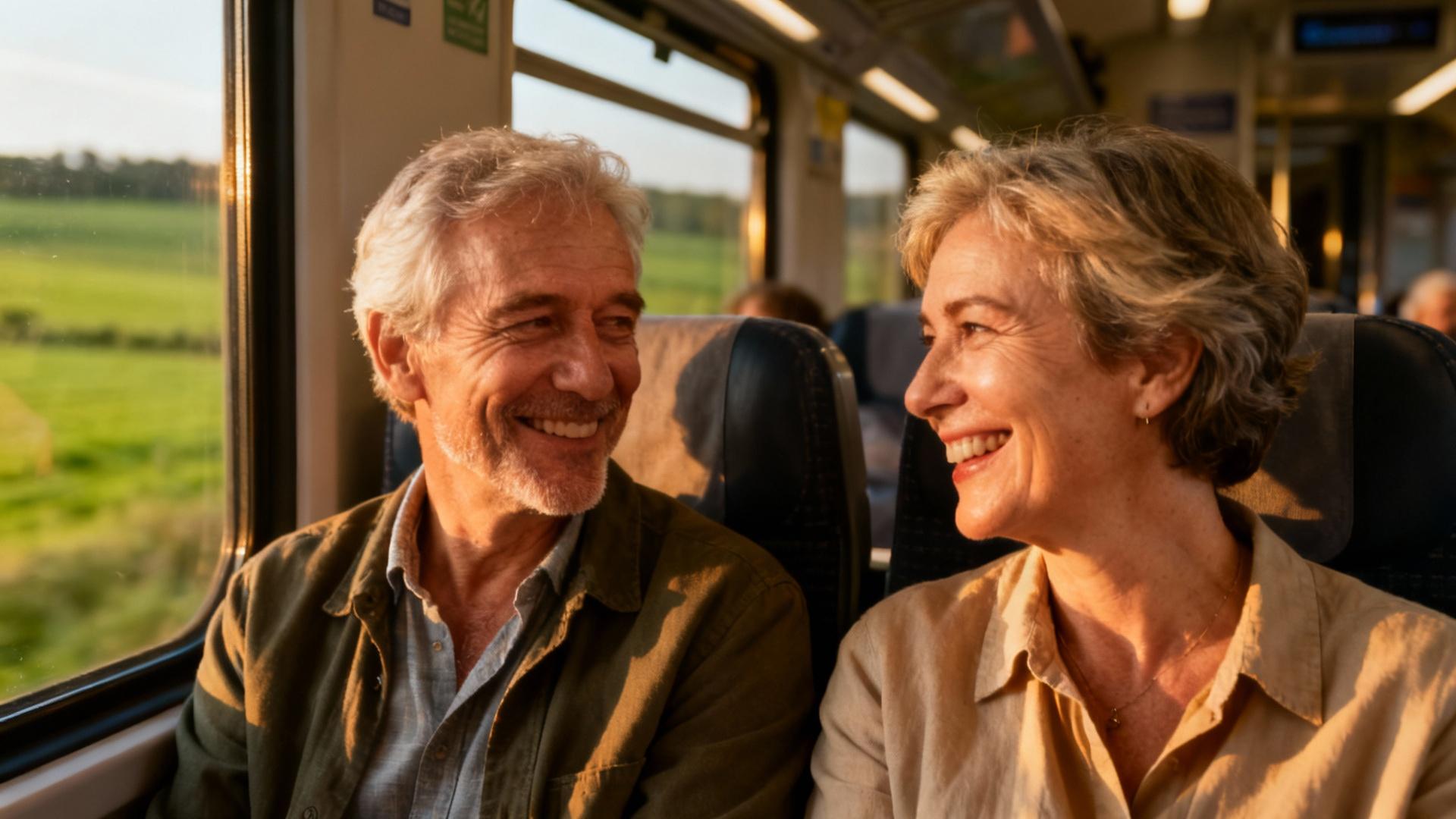 Couple senior souriant assis dans un train, profitant d'un voyage à travers l'Europe avec paysage visible par la fenêtre