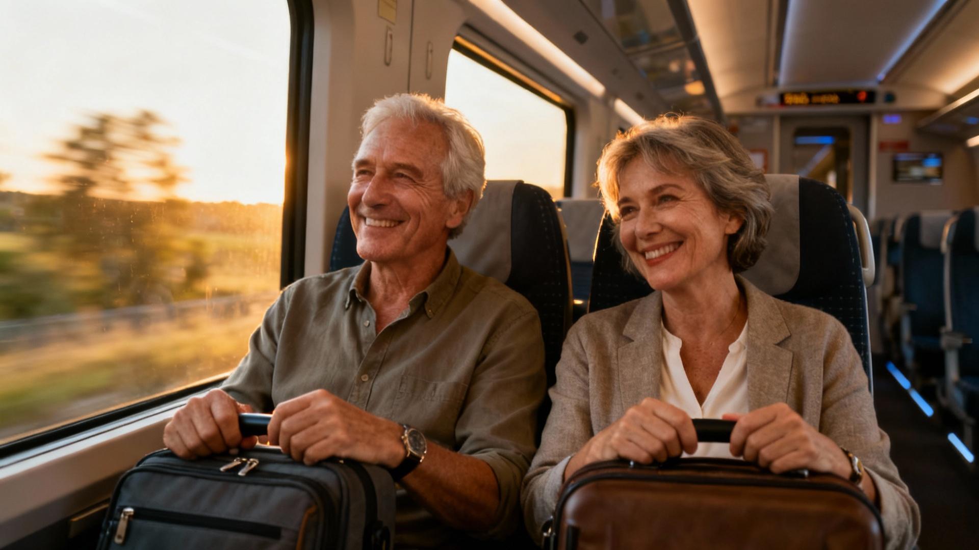 Couple âgé souriant assis dans un train à grande vitesse, lumière douce par la fenêtre, ambiance chaleureuse
