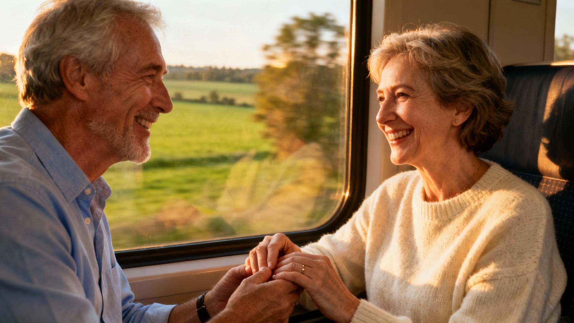 Couple de seniors européens souriant assis dans un train, lumière naturelle douce et tons chauds