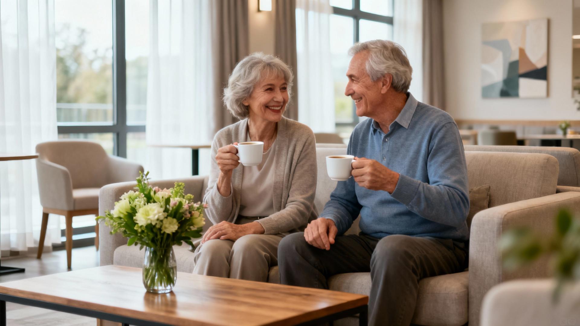 Couple âgé assis dans un espace commun moderne de résidence senior, buvant un café avec sourire