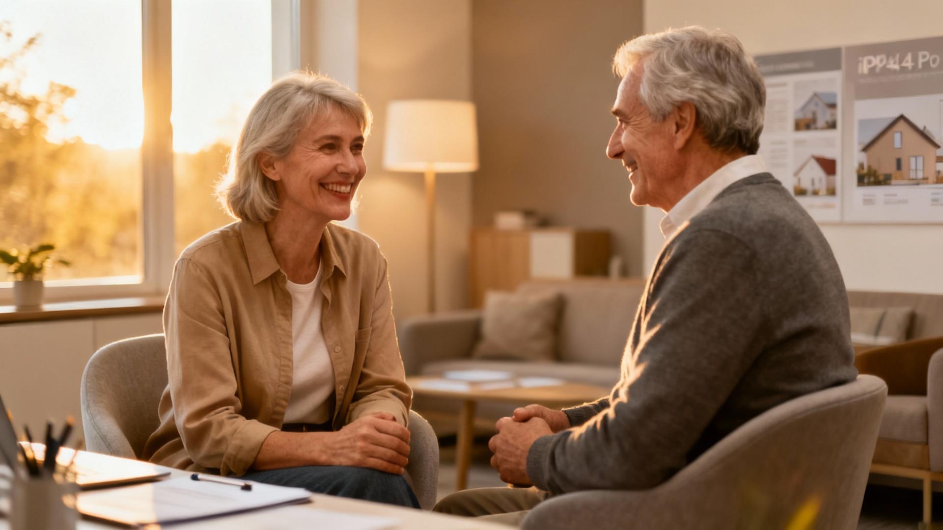 Couple de seniors discutant avec un conseiller dans une pièce moderne bien éclairée