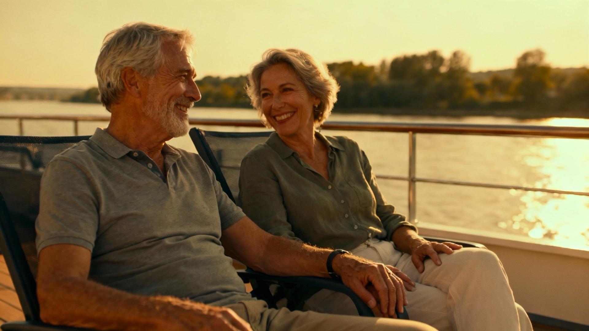 Couple âgé souriant lors d'une croisière fluviale, profitant du paysage et de la lumière dorée du soleil