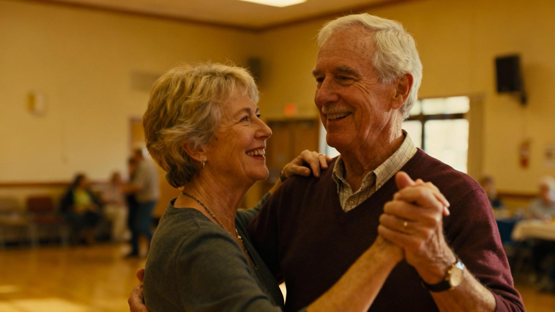 Heureux couple de seniors en train de danser dans un centre communautaire, sourires naturels et mouvement fluide