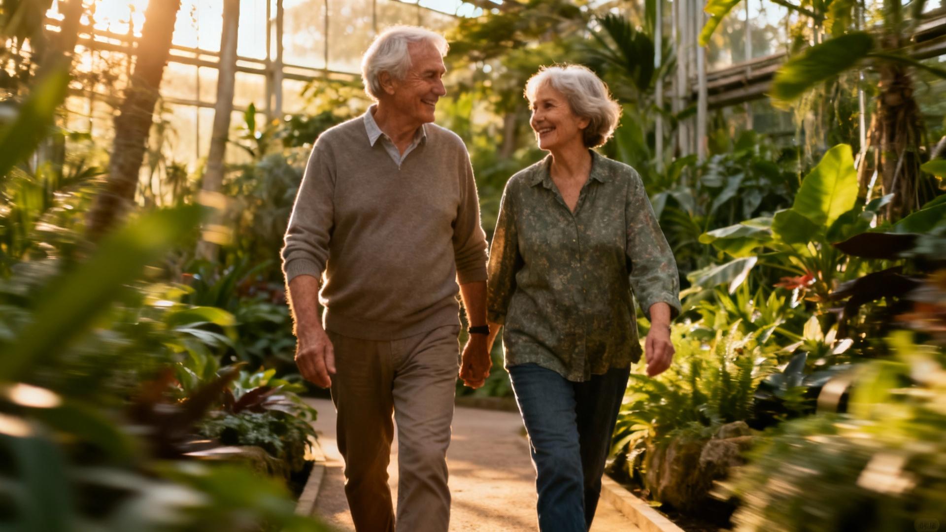Couple âgé heureux se promenant dans un jardin botanique verdoyant sous une lumière naturelle douce