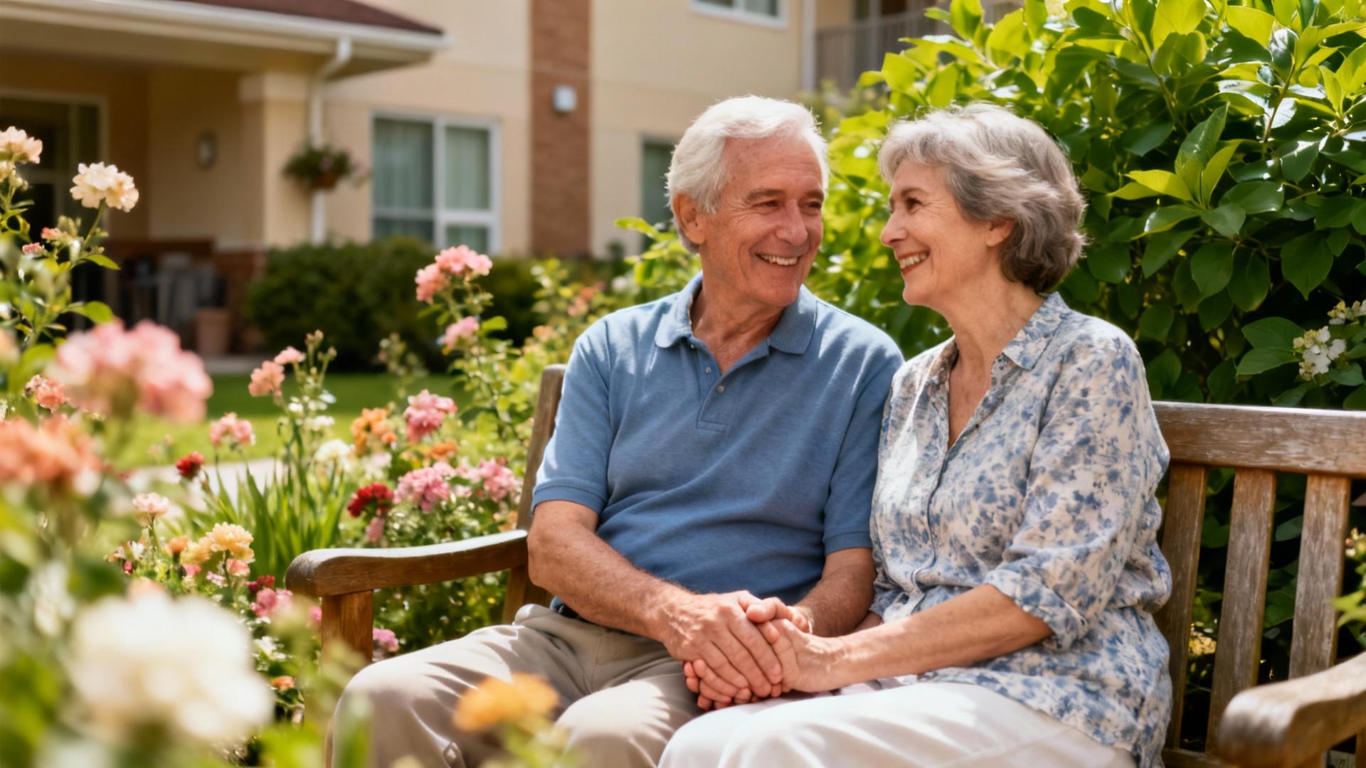 Couple âgé souriant assis dans un jardin fleuri d'une résidence senior, lumière naturelle chaude