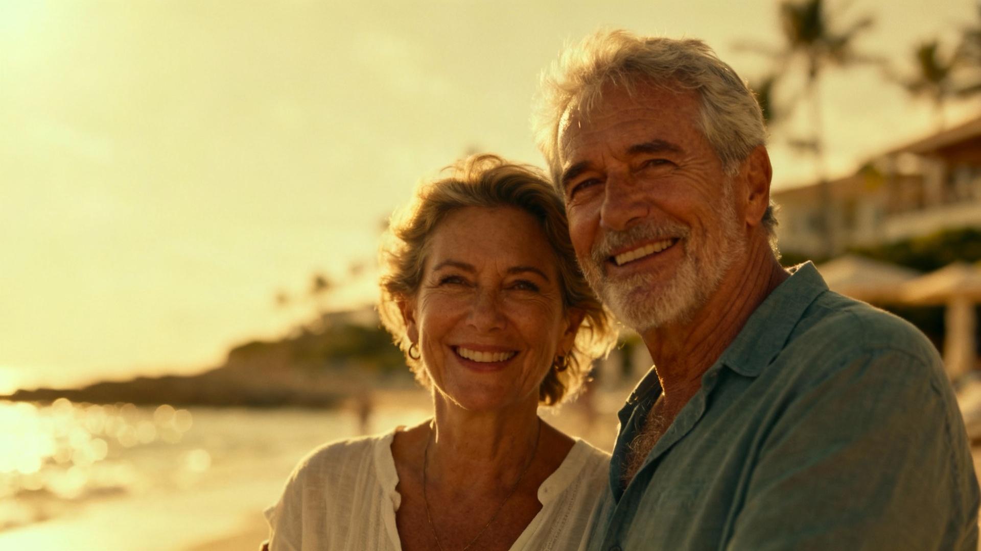 Couple de seniors souriant et marchant main dans la main sur une plage ensoleillée avec des vagues en arrière-plan