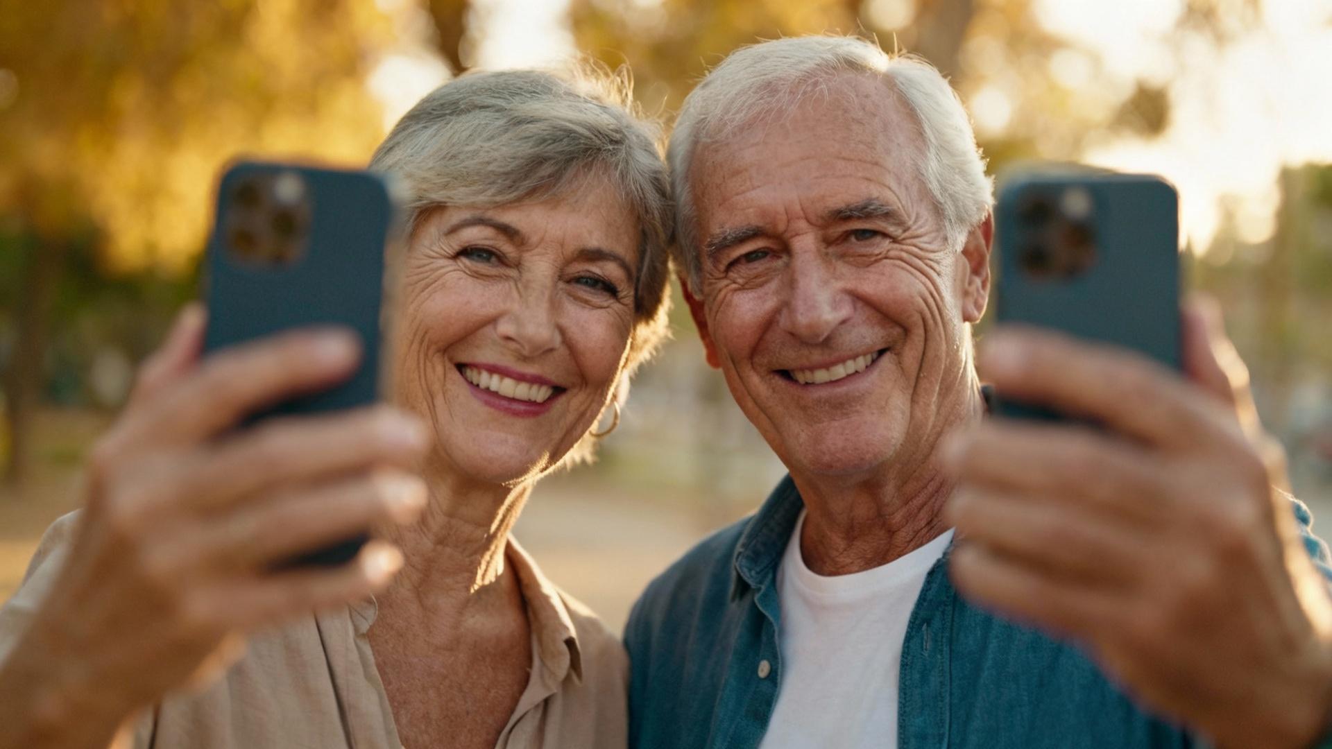 Couple de seniors européens souriants regardant l'appareil photo tout en utilisant leurs smartphones