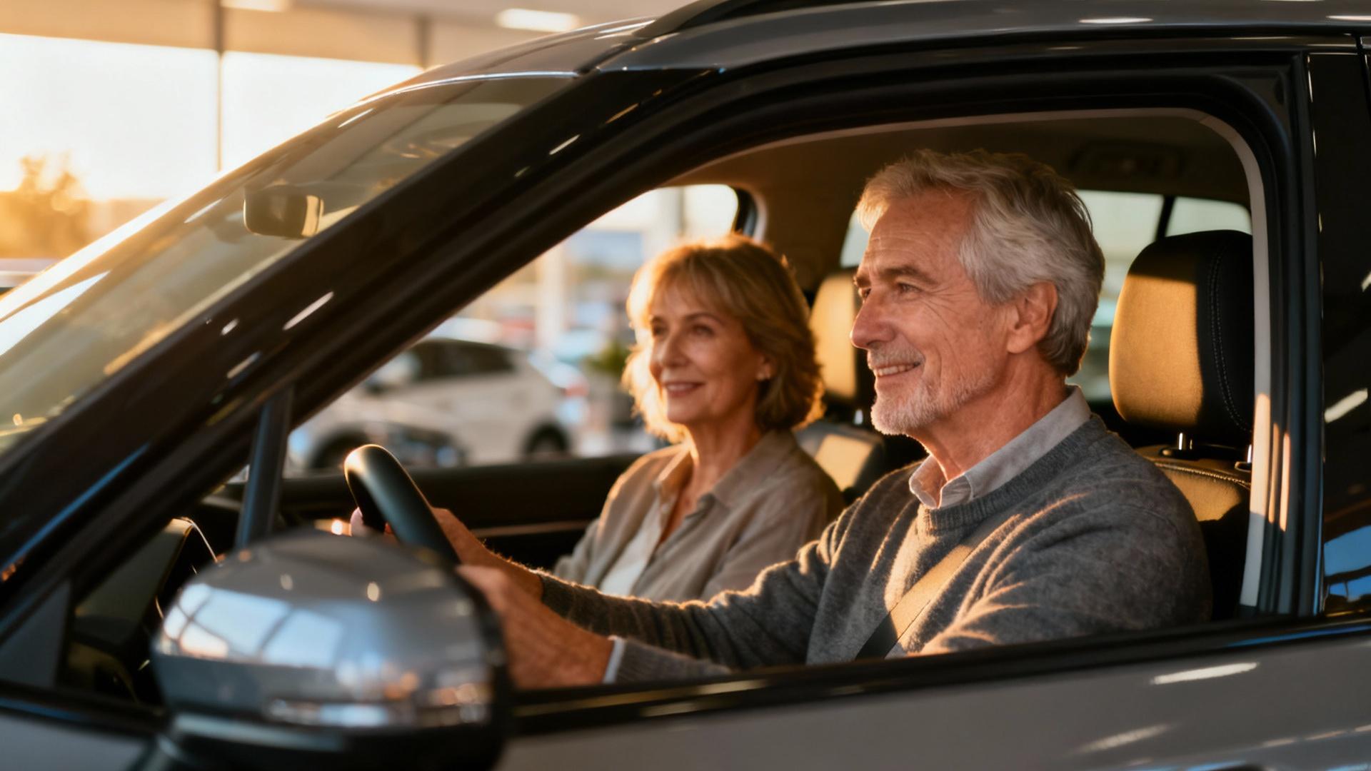 Couple âgé souriant à l'intérieur d'un SUV moderne lors d'un essai dans une concession automobile