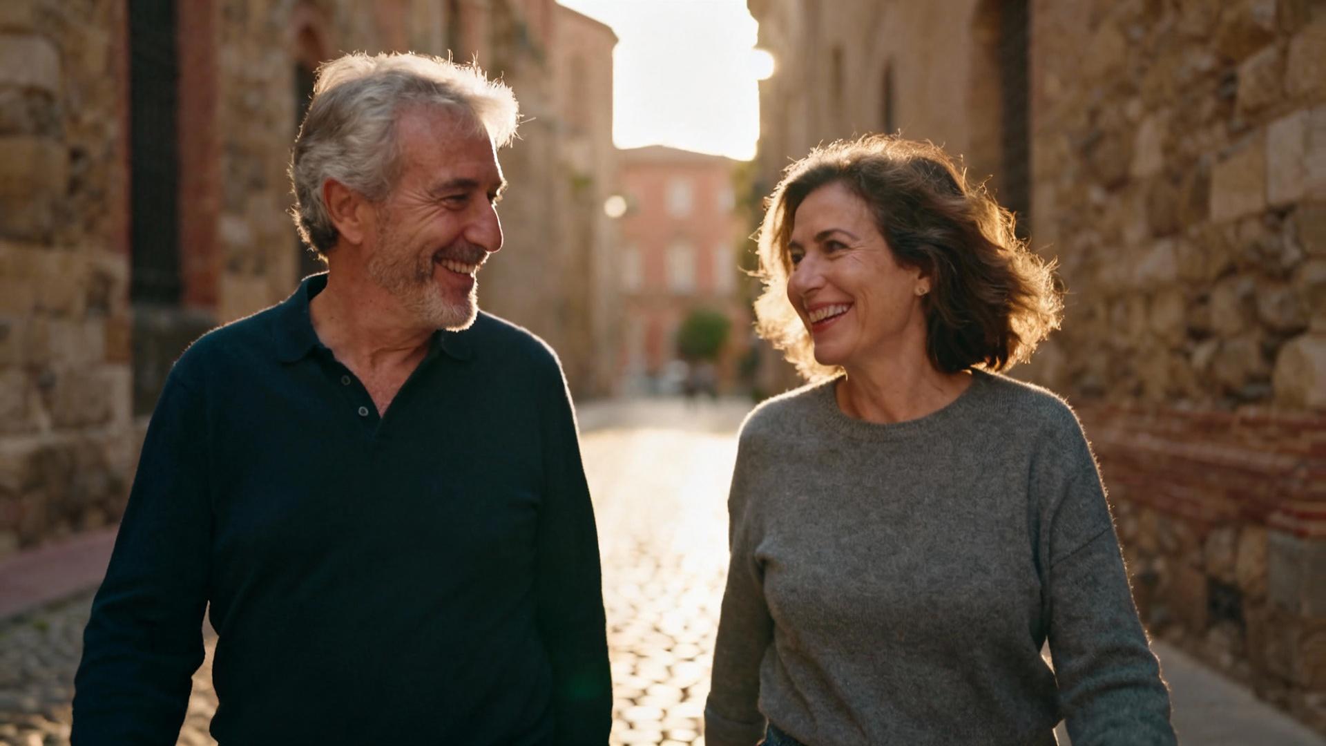 Couple âgé heureux marchant main dans la main dans les rues pavées de Toulouse sous un ciel ensoleillé