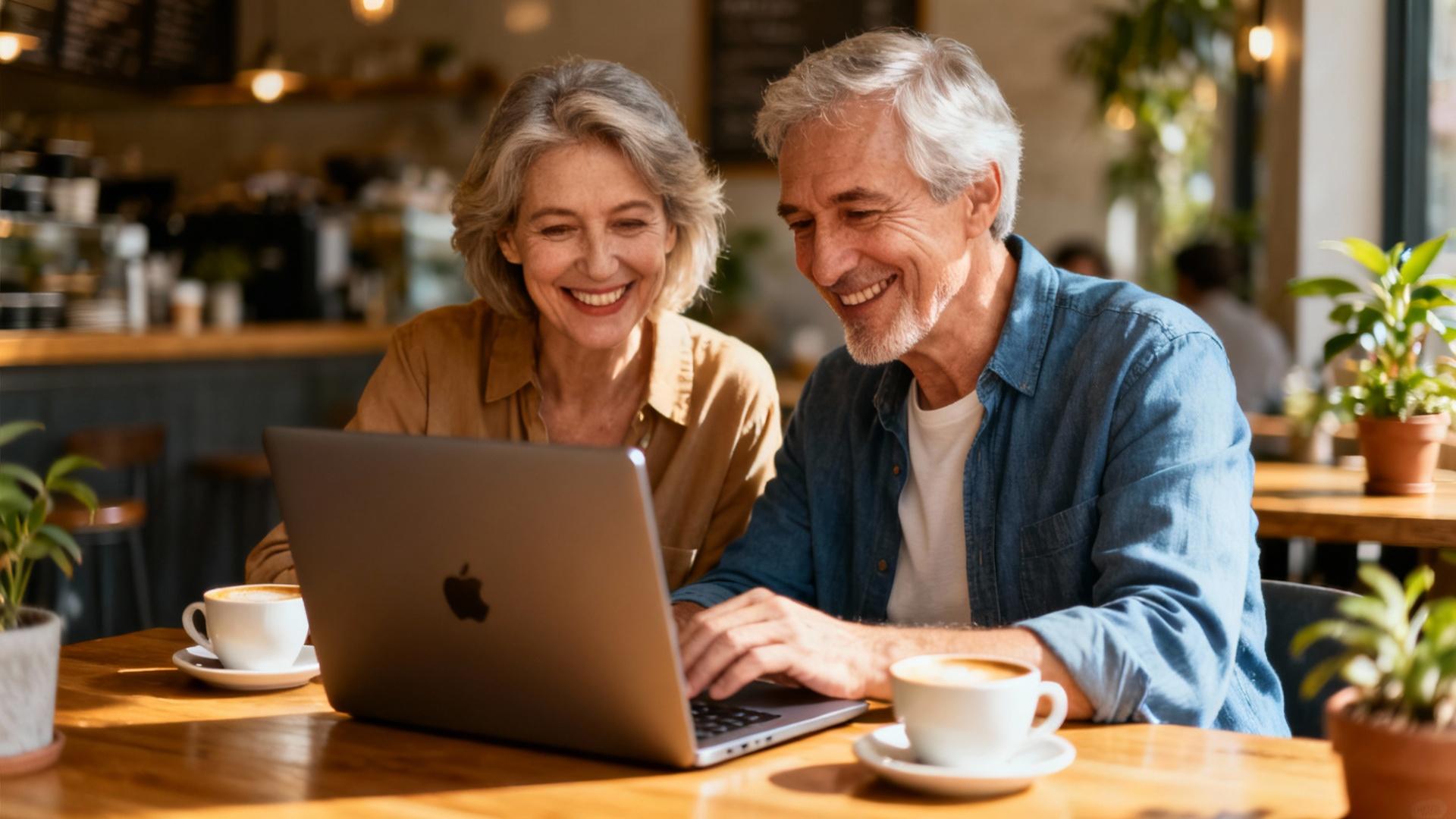 Couple âgé souriant devant un ordinateur portable dans un café, ambiance chaleureuse et lumière naturelle