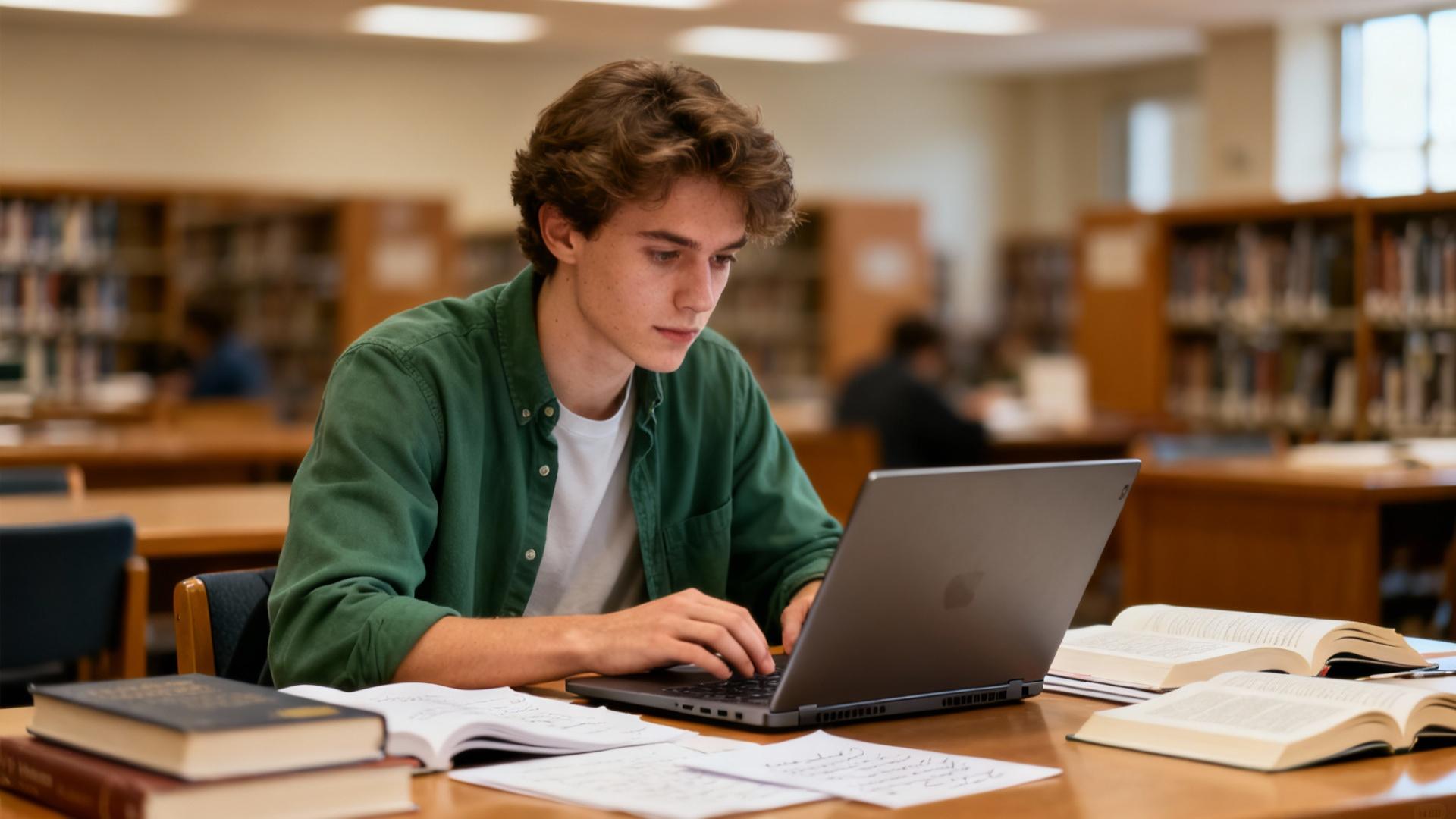 Jeune étudiant européen concentré travaillant sur ordinateur portable dans une bibliothèque avec livres et notes autour