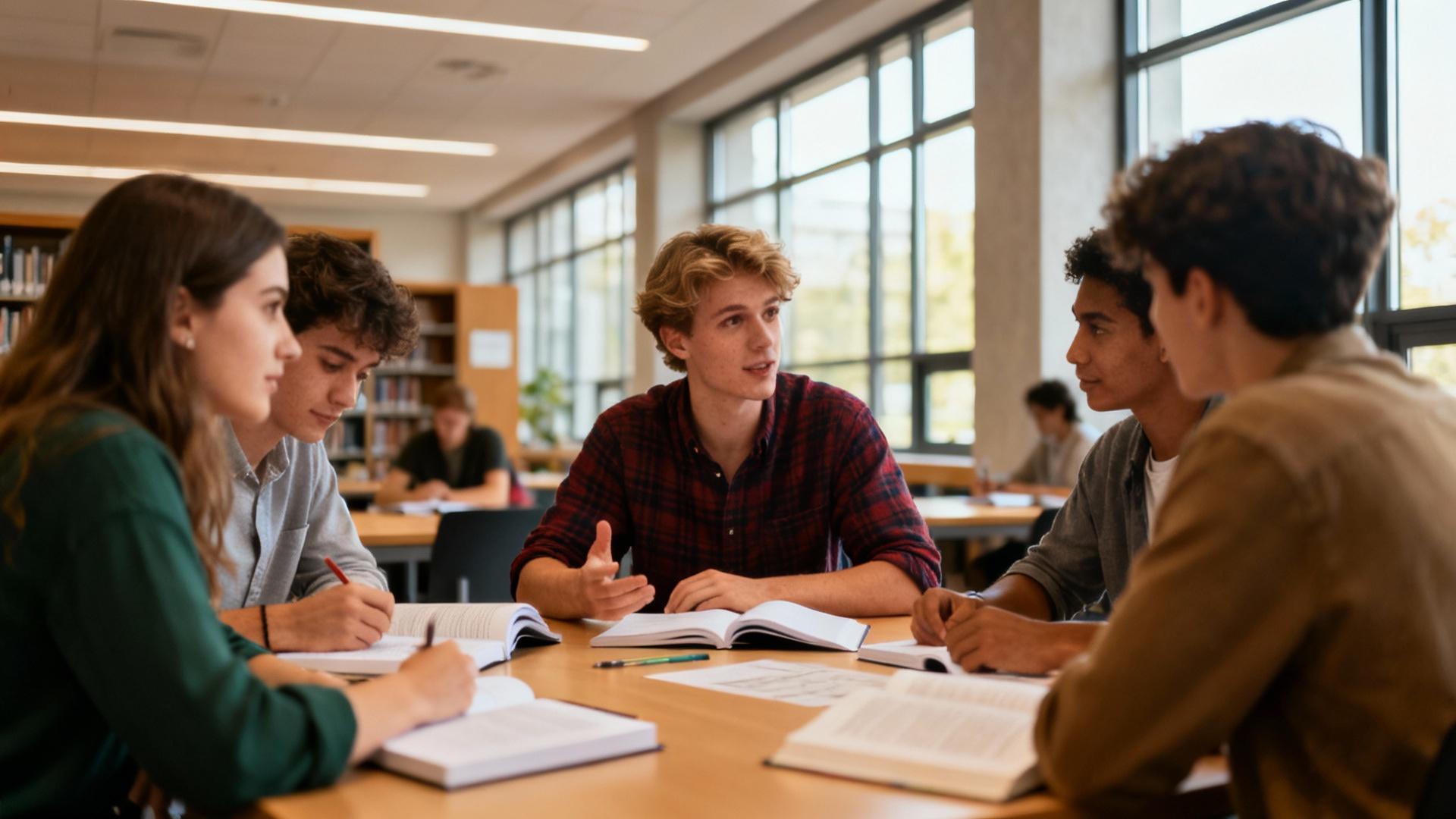 Groupe d'étudiants européens discutant de leurs options d'études autour d'une table dans une bibliothèque moderne avec livres et ordinateurs
