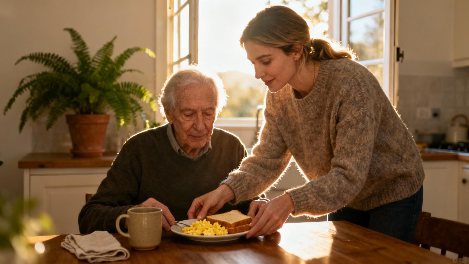 Femme européenne souriante aidant une personne âgée à manger à table dans une ambiance chaleureuse et domestique