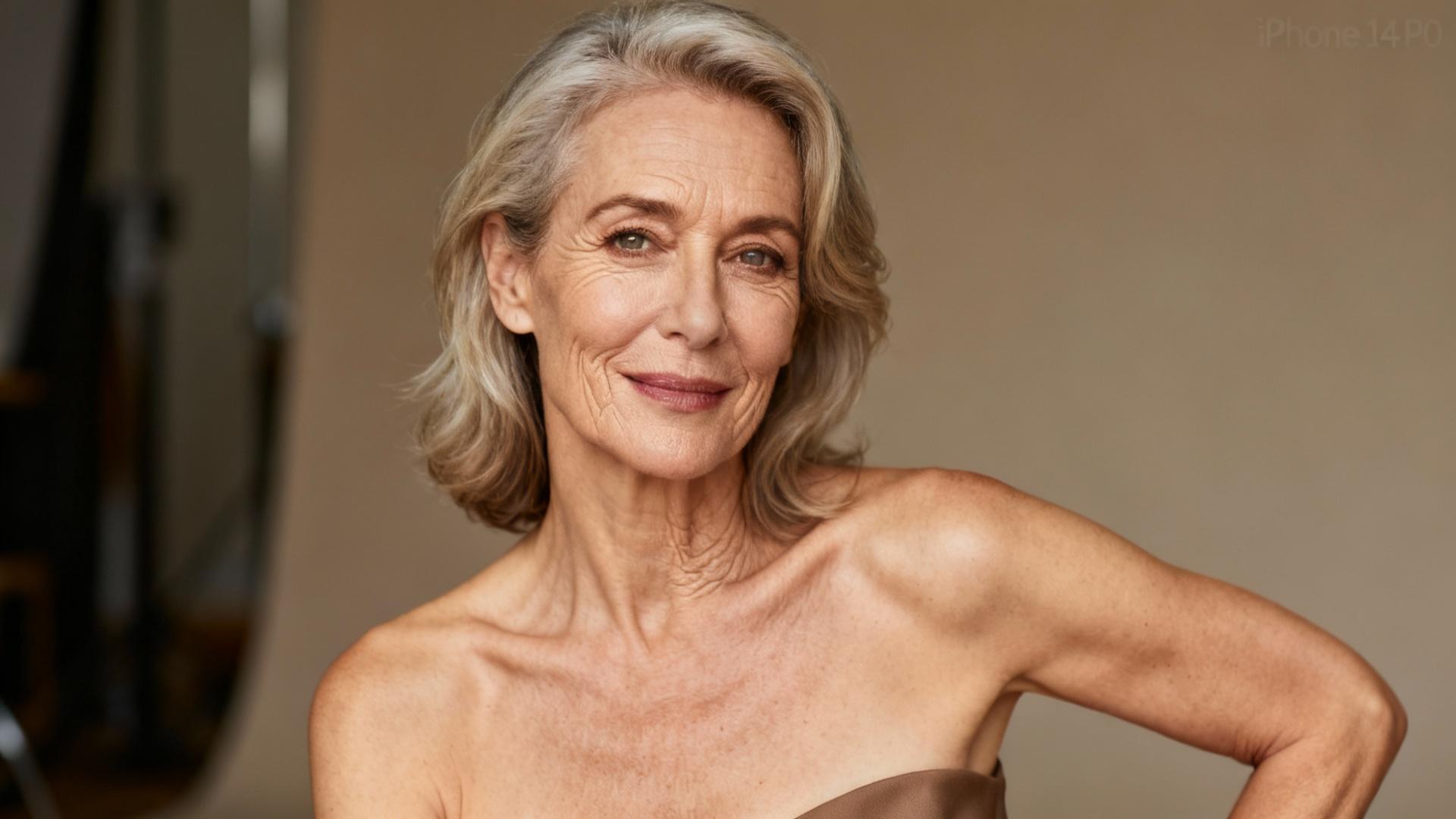 Femme européenne élégante de plus de 50 ans posant avec confiance en studio sous un éclairage naturel équilibré