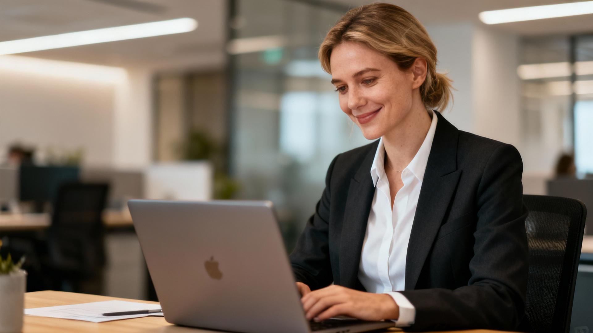 Femme professionnelle souriante travaillant dans un bureau moderne avec ordinateur portable et lumière naturelle