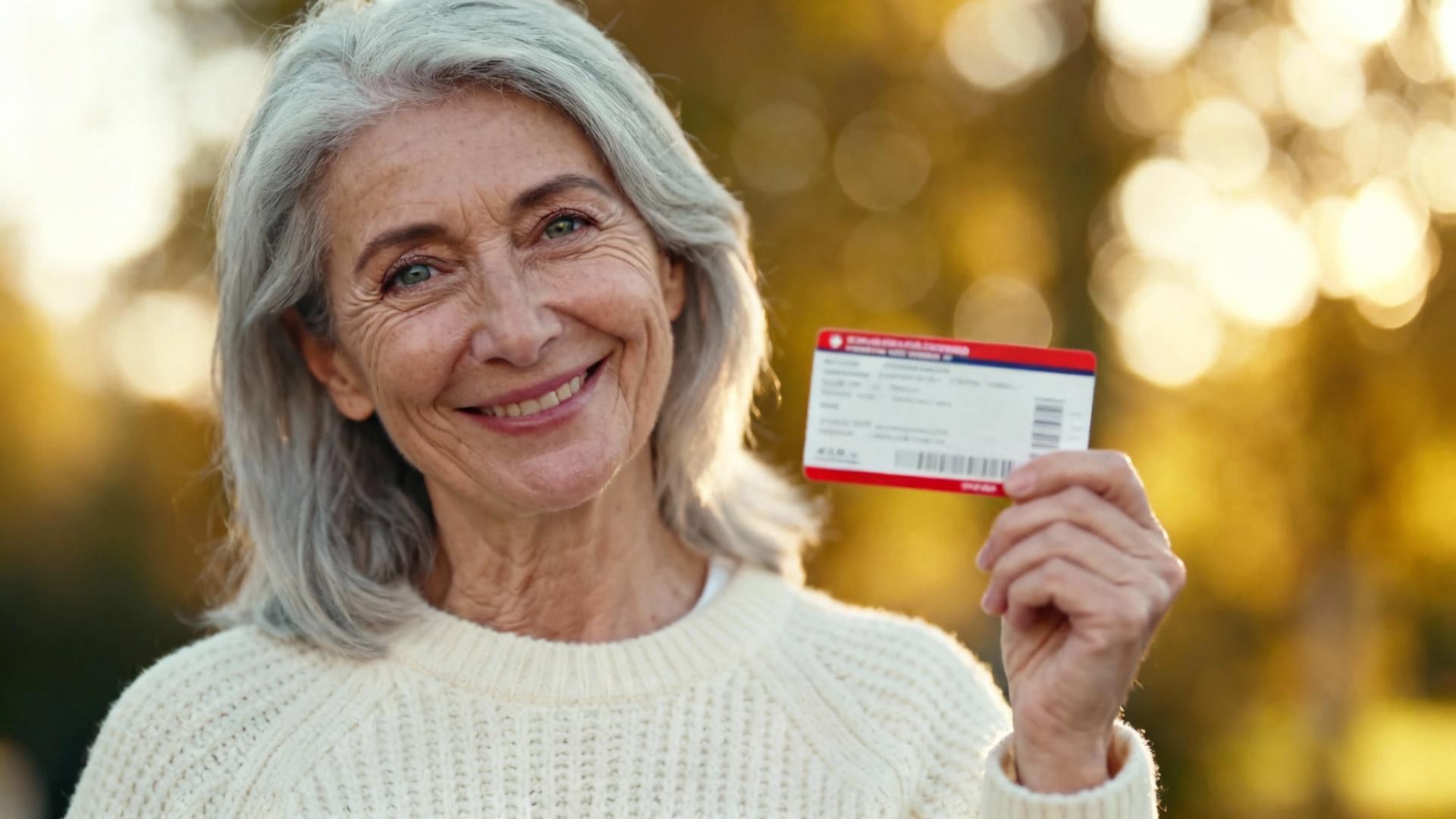 Femme âgée souriante tenant un billet de train avec satisfaction, éclairée par une lumière naturelle douce