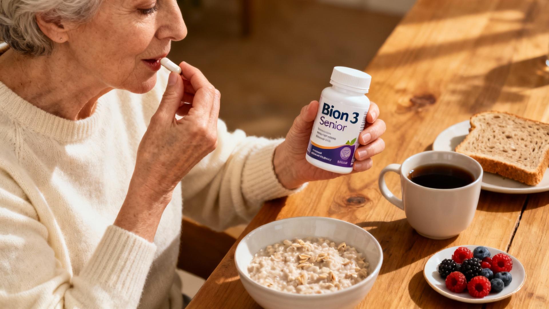 Femme senior de type européen prenant un complément alimentaire Bion 3 Senior avec son petit déjeuner matinal