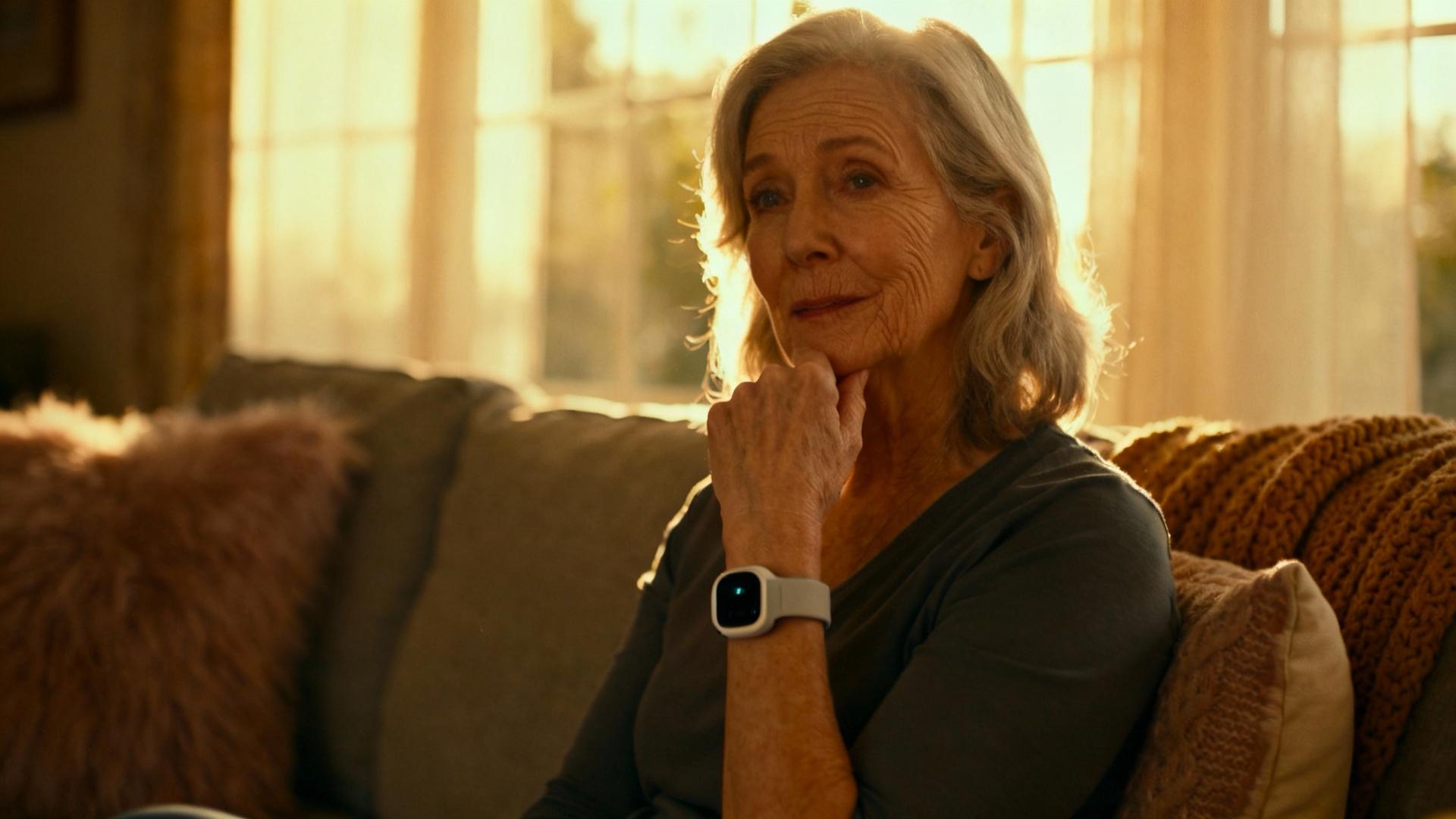Femme âgée portant un bracelet de téléassistance moderne dans son salon, éclairée par la lumière naturelle de la fenêtre