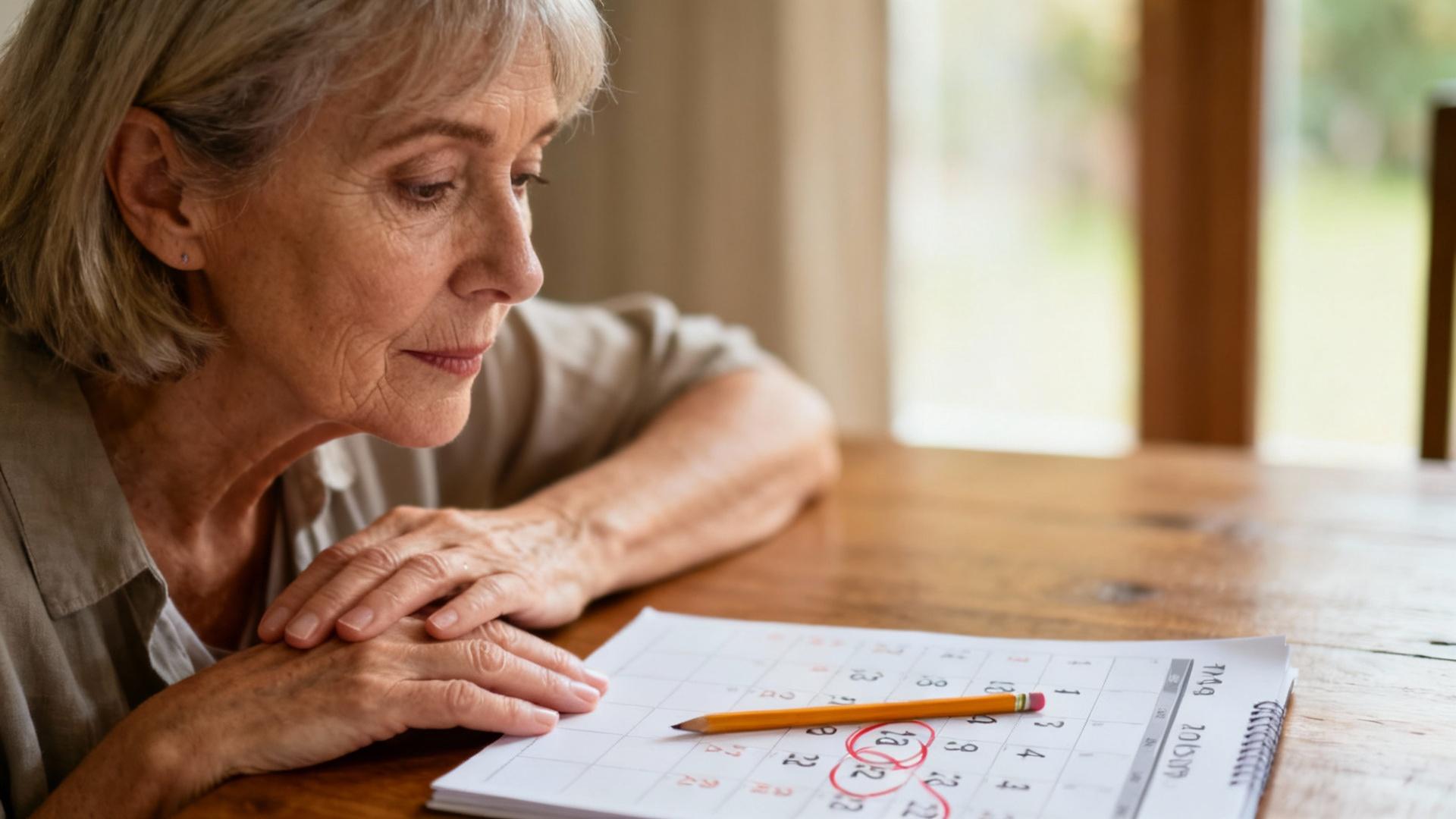 Femme âgée réfléchie regardant un calendrier marqué de dates importantes, éclairée par une lumière douce de fenêtre