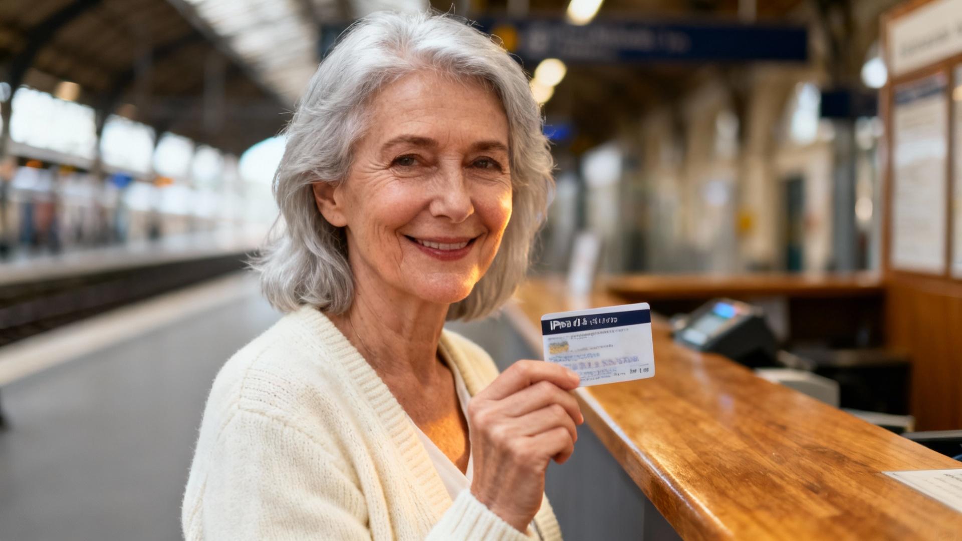 Femme âgée souriante tenant sa carte de transport devant un guichet de gare