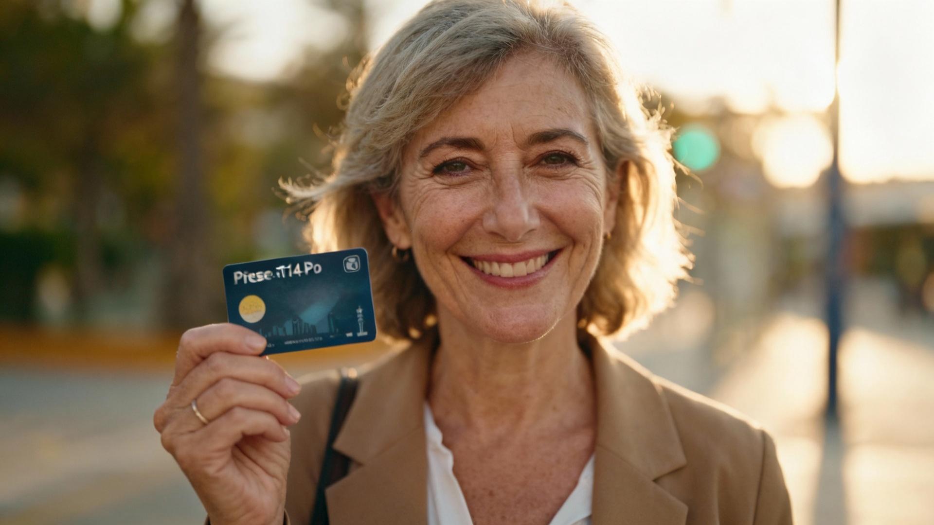 Femme âgée souriante tenant fièrement sa carte de transport gratuite devant la caméra